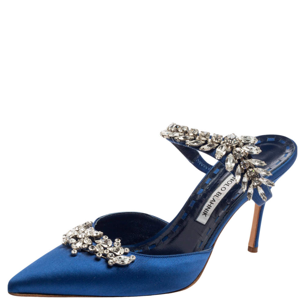 Manolo Blahnik Blue Satin Lurum Crystal Embellished Pointed Toe Sandals ...