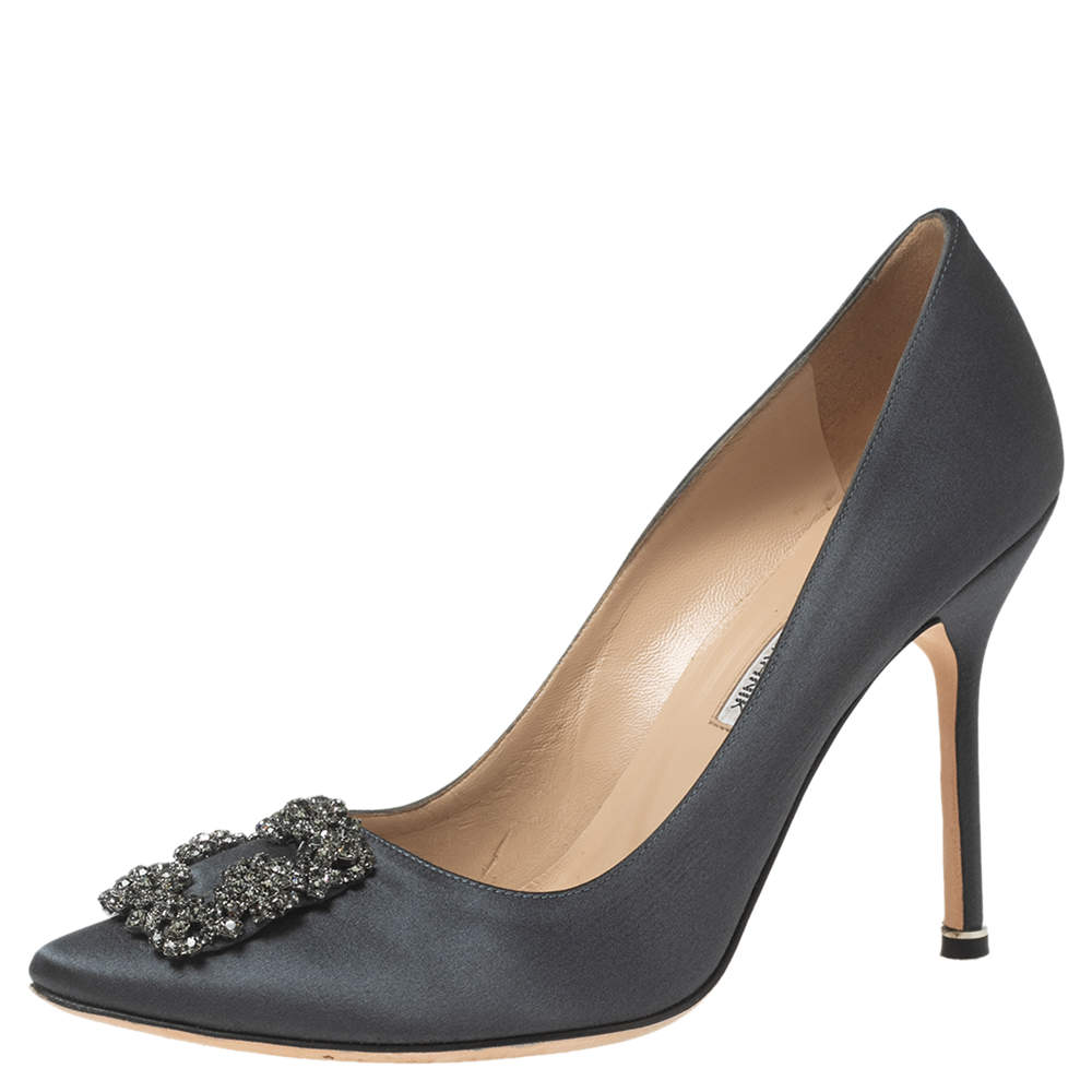 Pre Owned Manolo Blahnik Grey Satin Hangisi Pumps Size 40
