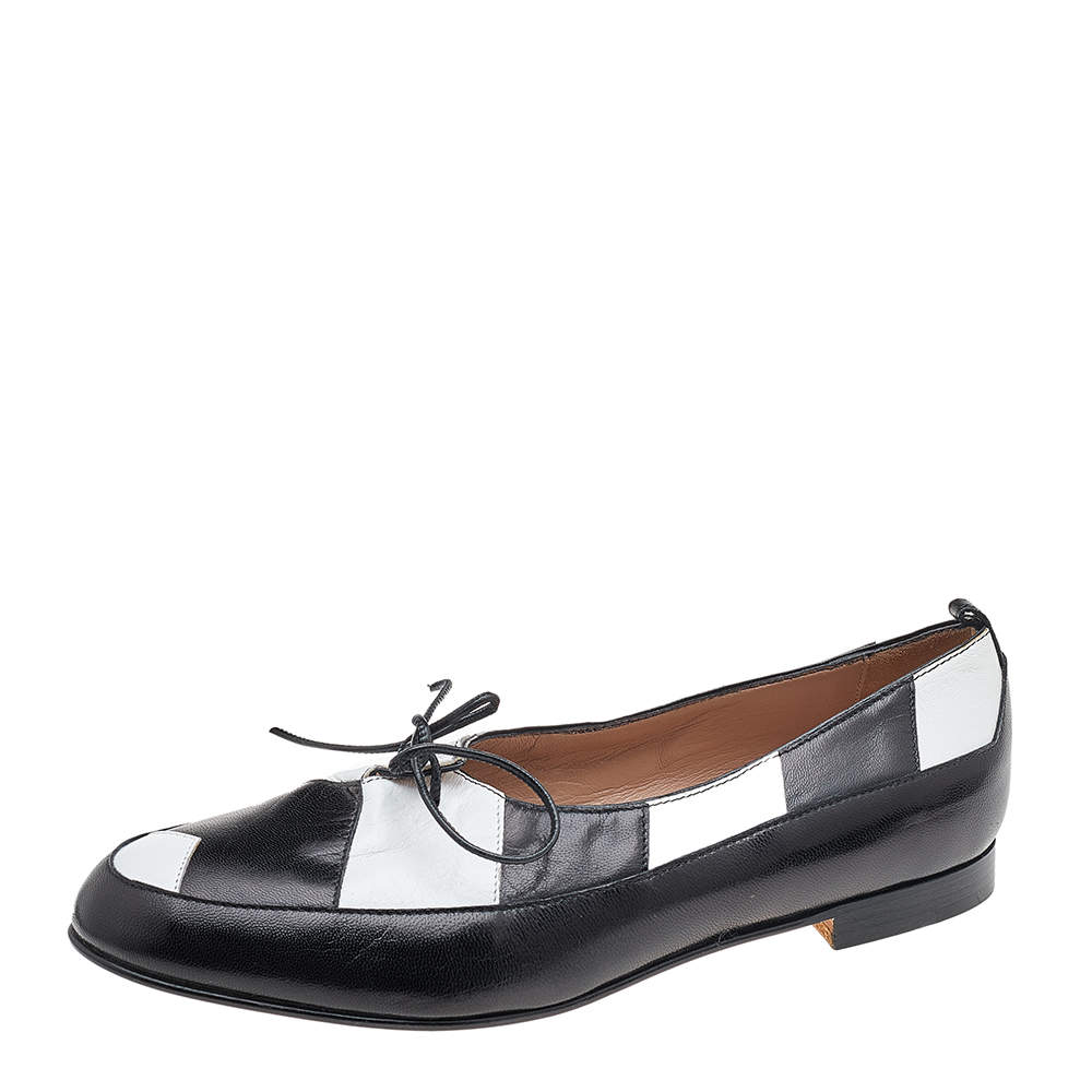 Pre Owned Manolo Blahnik Black/White Leather Lace Up Loafers Size 39.5