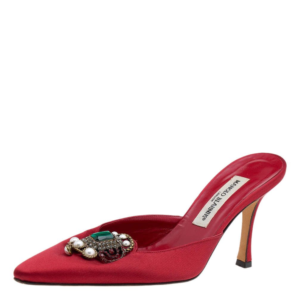 Manolo Blahnik Red Satin Embellished Mules Size 38