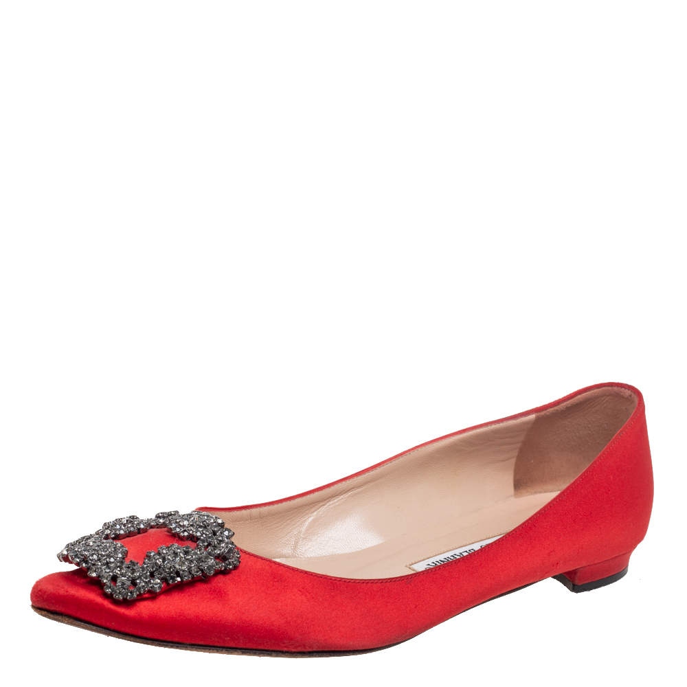 Pre Owned Manolo Blahnik Red Satin Hangisi Ballet Flats Size 36.5