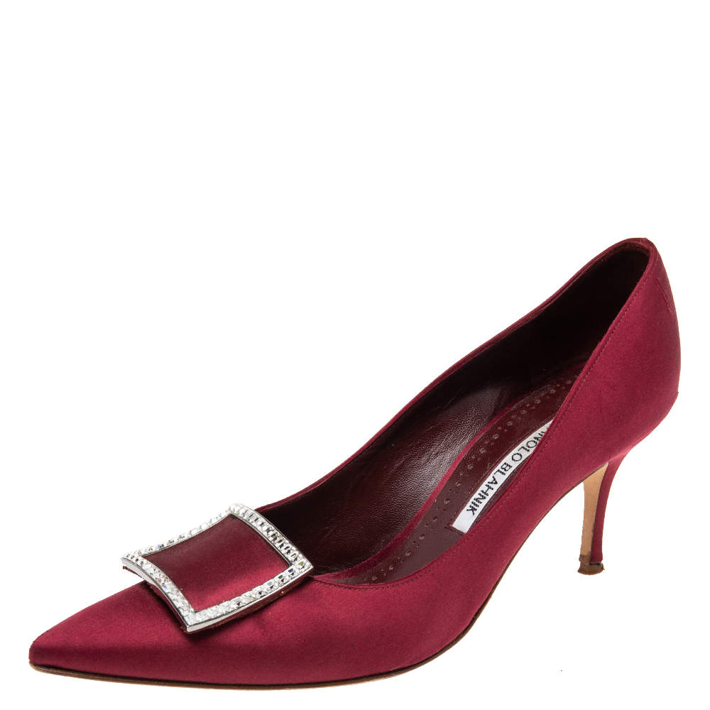 Pre Owned Manolo Blahnik Burgundy Satin Maysale Buckle Pointed Toe Pumps Size 38
