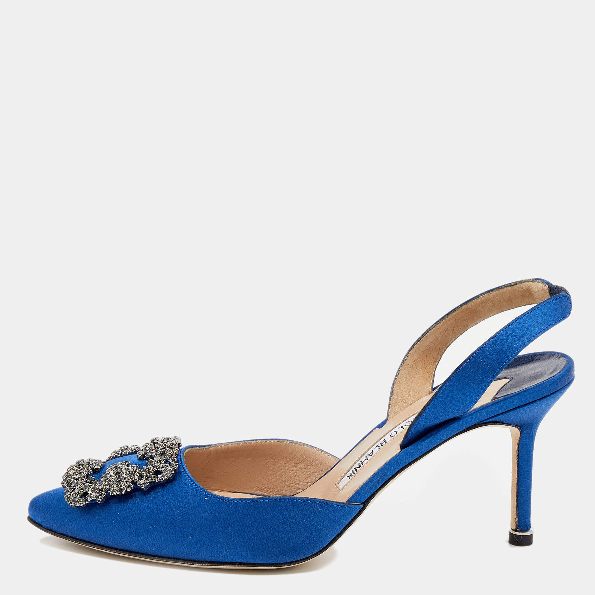 Pre Owned Manolo Blahnik Blue Satin Hangisi Slingback Sandals Size 38.5