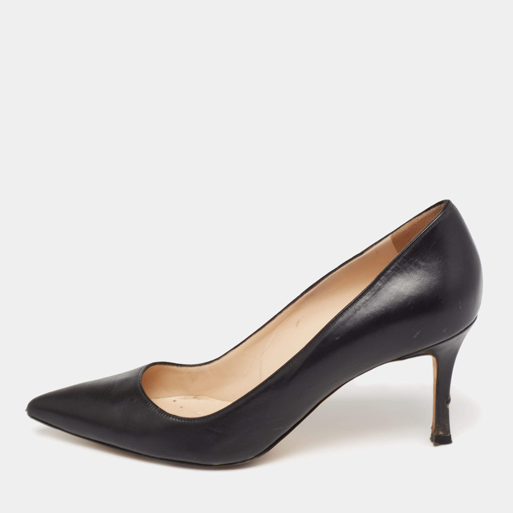 Pre Owned Manolo Blahnik Black Leather BB Pointed Toe Pumps Size 38