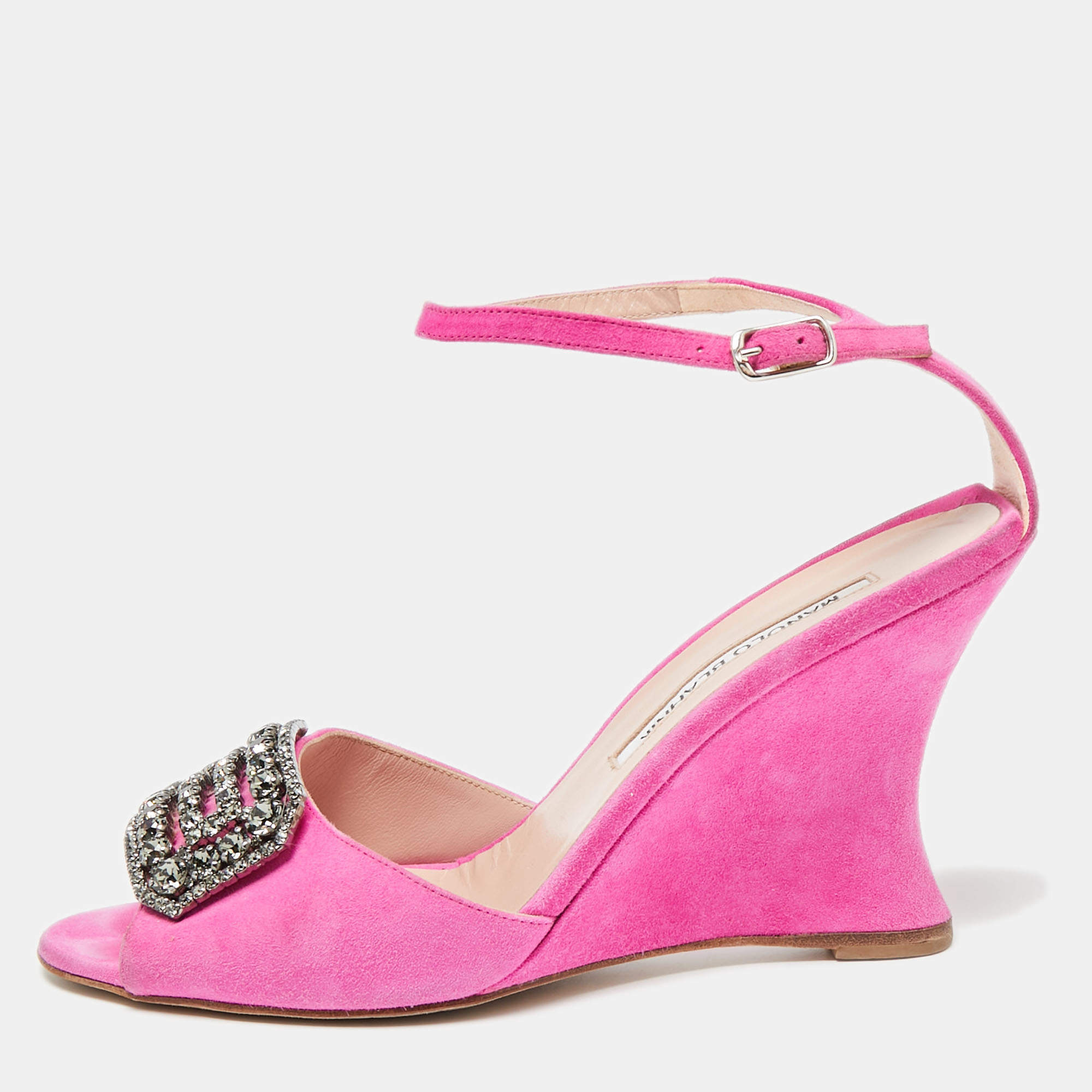 Manolo Blahnik Fuchsia Suede Crystal Embellished Trice Wedge Sandals Size 37