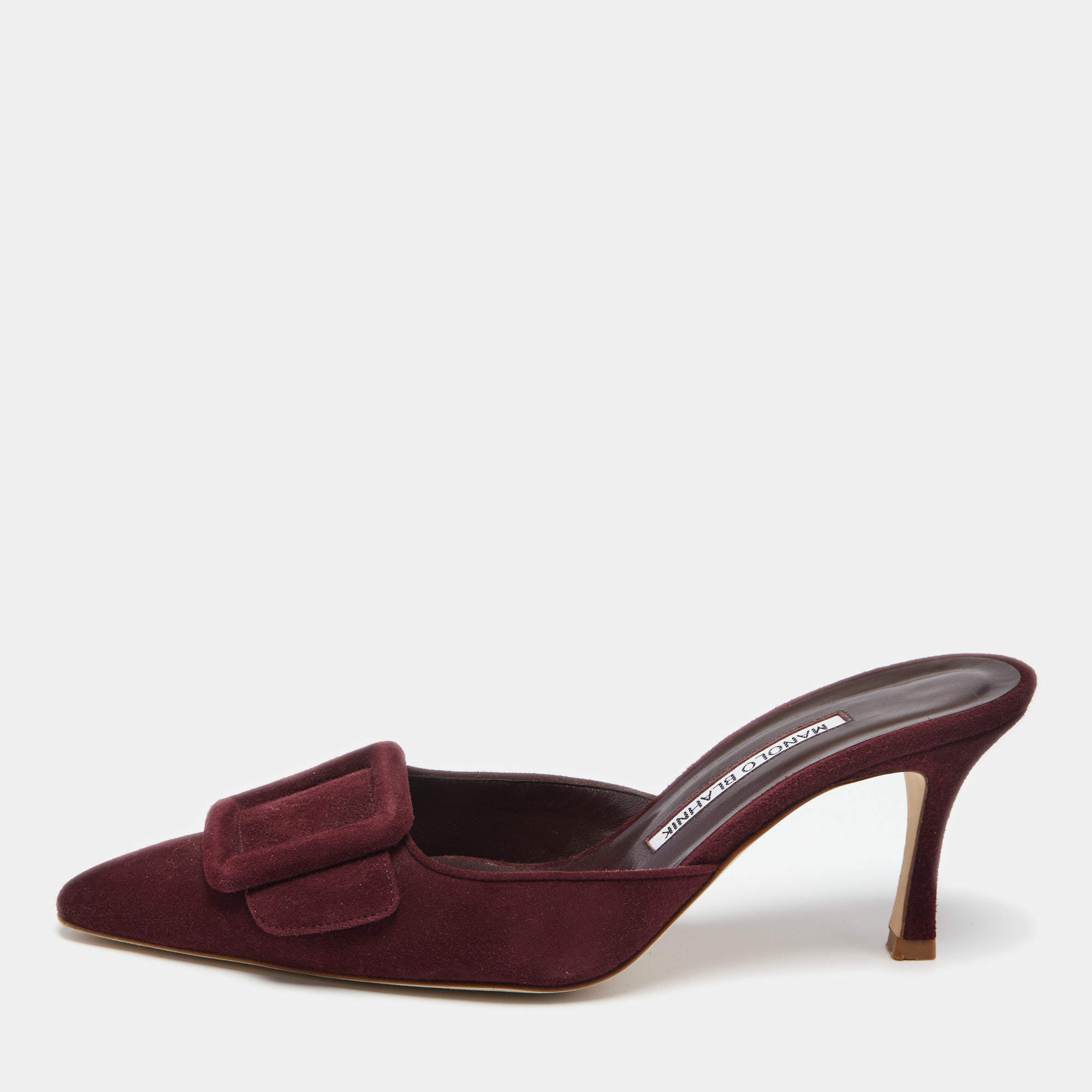 Pre Owned Manolo Blahnik Burgundy Suede Maysale Mules Size 37 