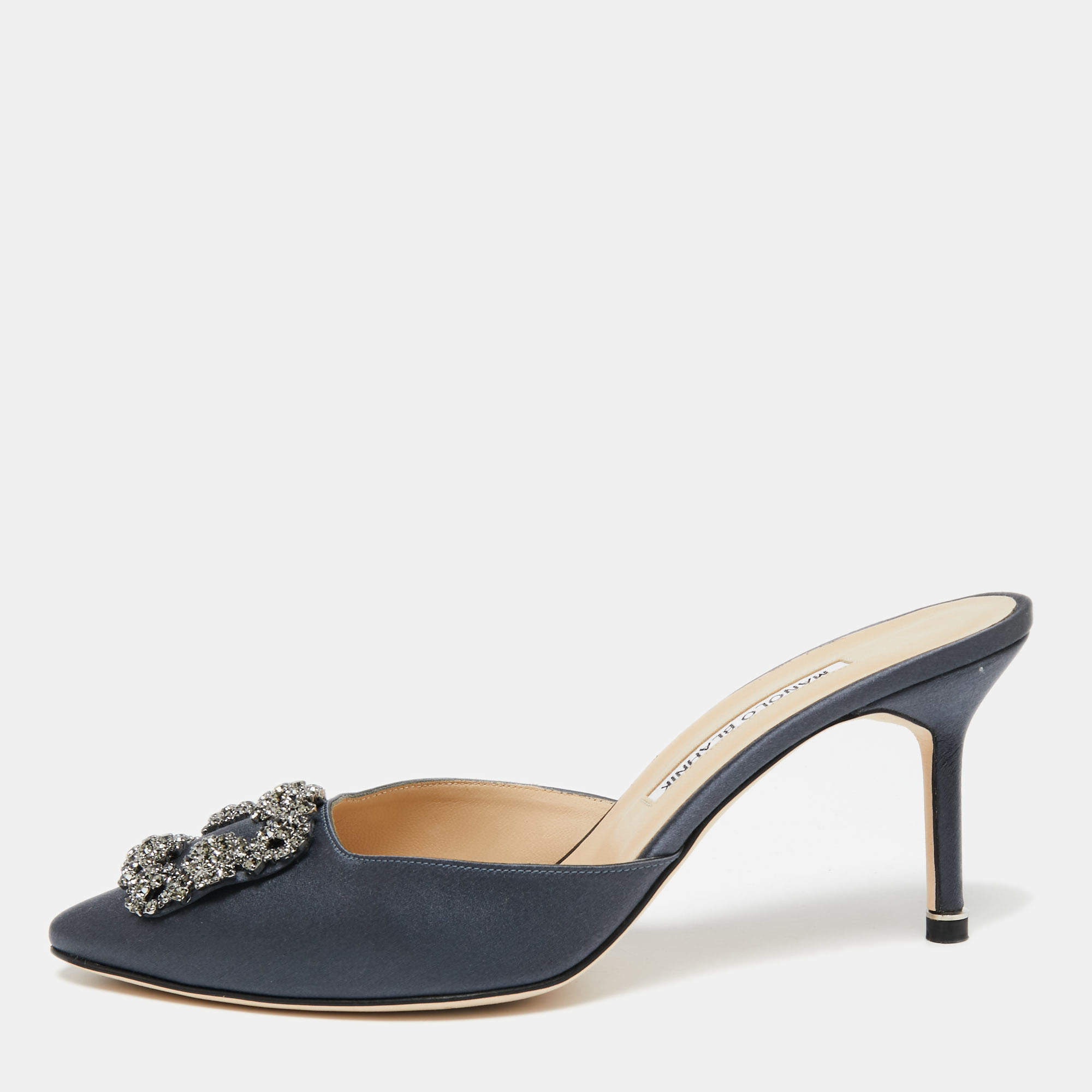 Manolo Blahnik Ash Blue Satin Hangisi Mule Sandals Size 39