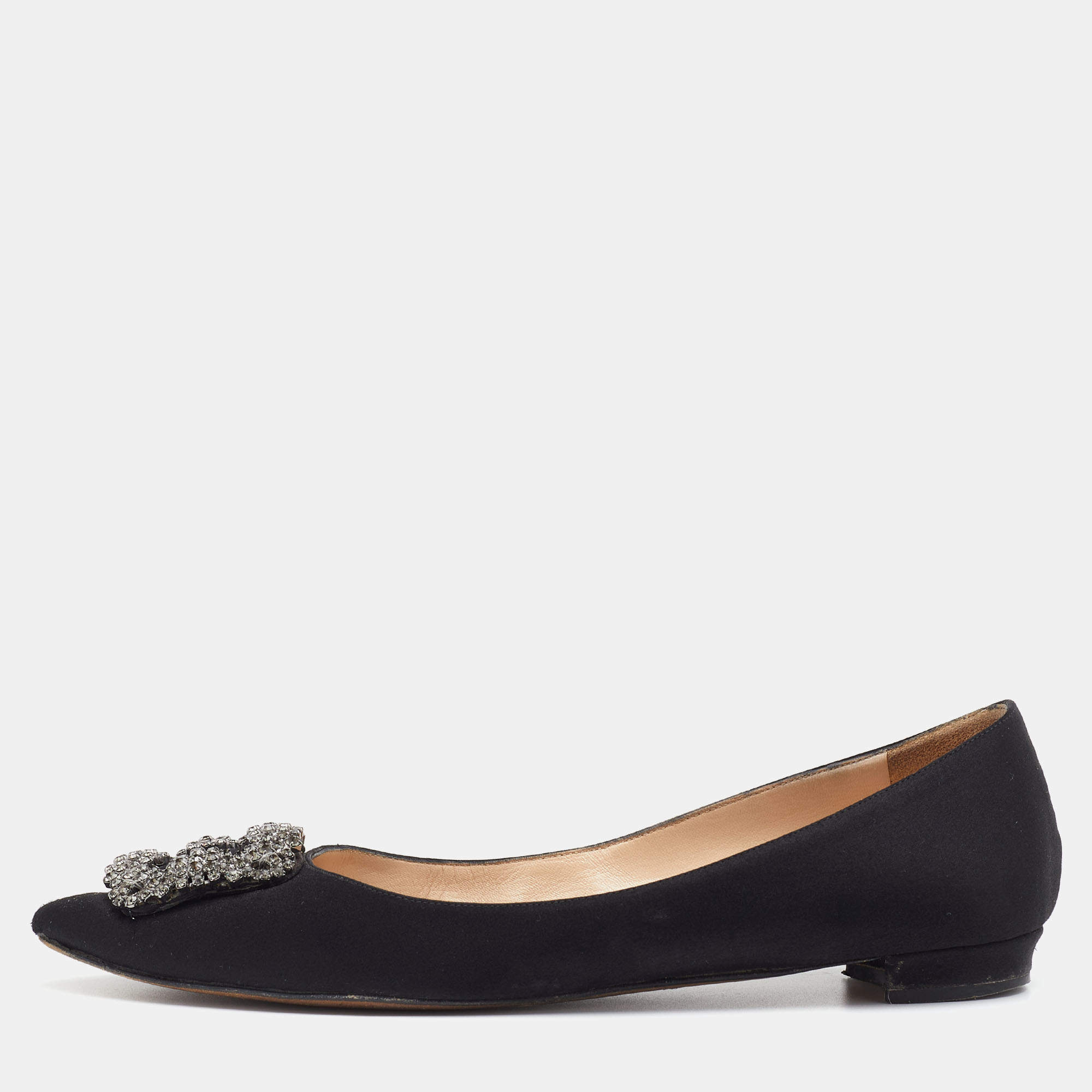 Pre Owned Manolo Blahnik Black Satin Hangisi Crystal Embellished Ballet Flats Size 38.5