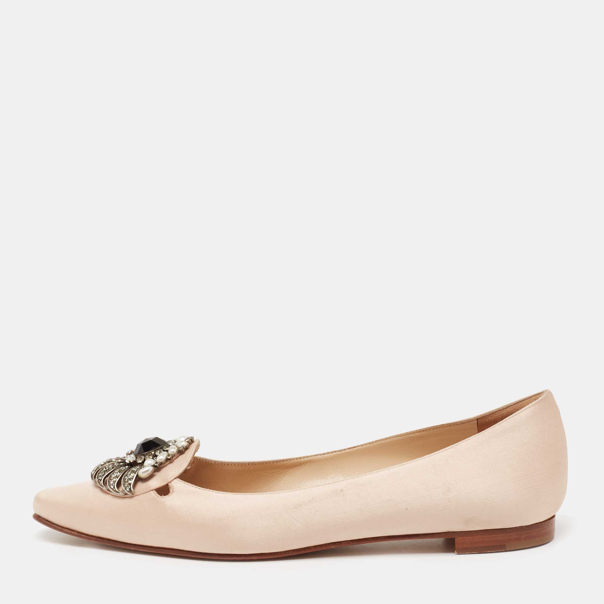 Pre Owned Manolo Blahnik Light Pink Satin Crystal Embellished Buckle Ballet Flats Size 38