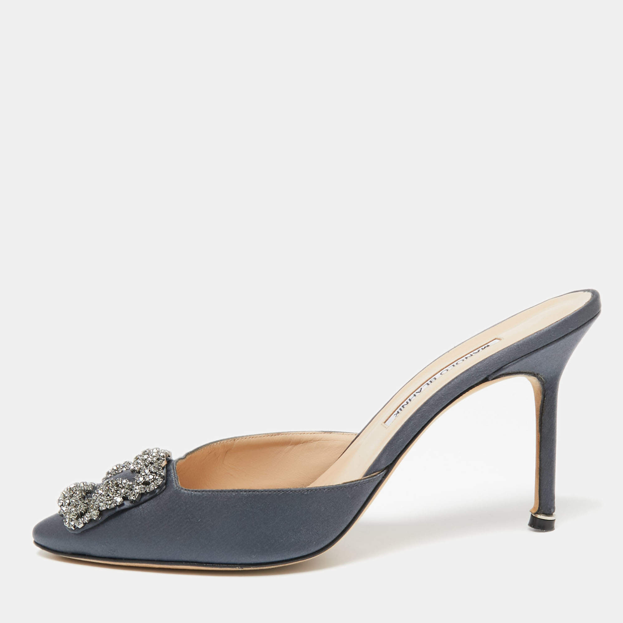 Manolo Blahnik Grey Satin Hangisi Mule Sandals Size 40