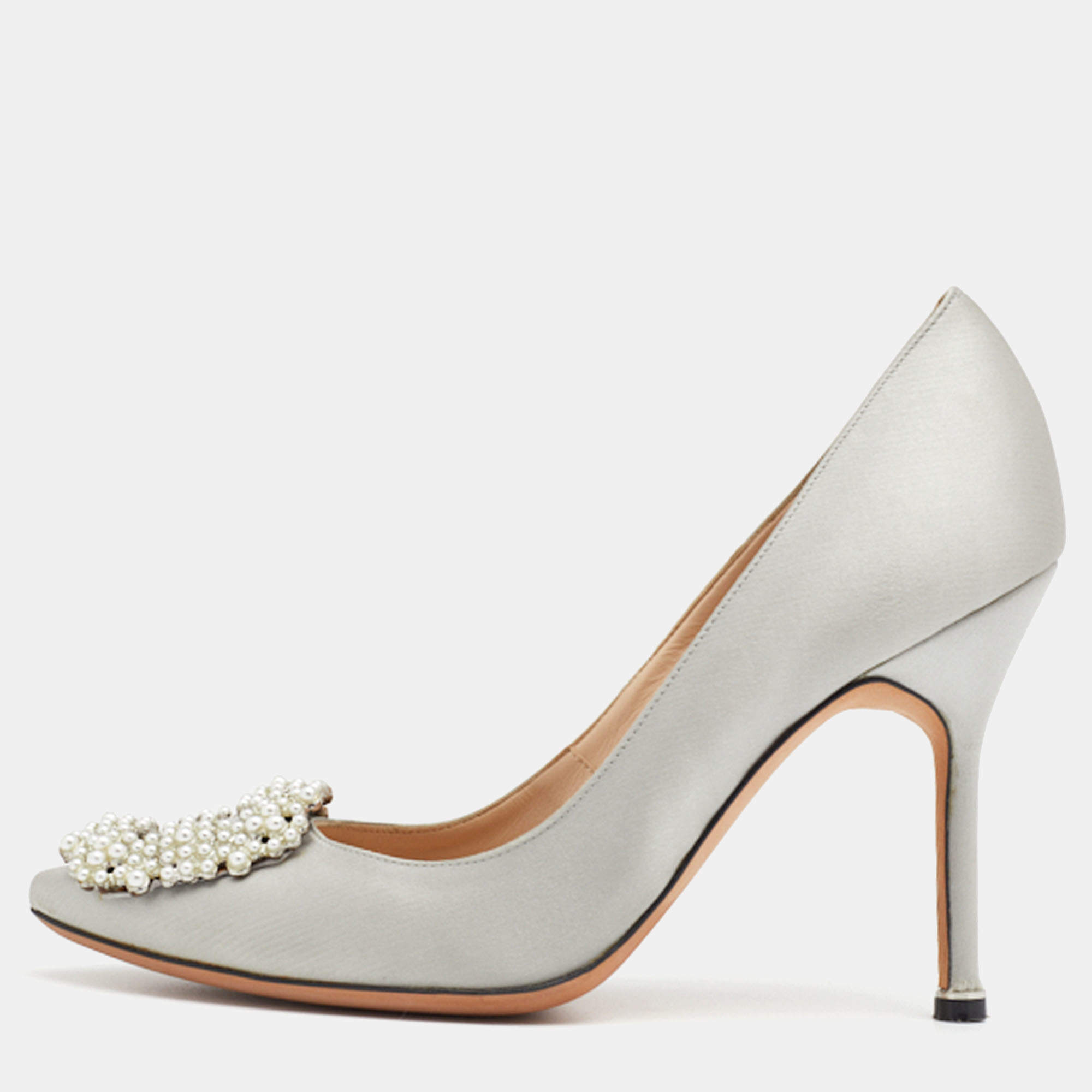 Pre Owned حذاء كعب عالي مانولو بلانيك هانغيسي ساتان رصاصي مقاس 36