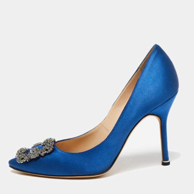 حذاء كعب عالي مانولو بلانيك هانغيسي ساتان أزرق مقاس 37.5