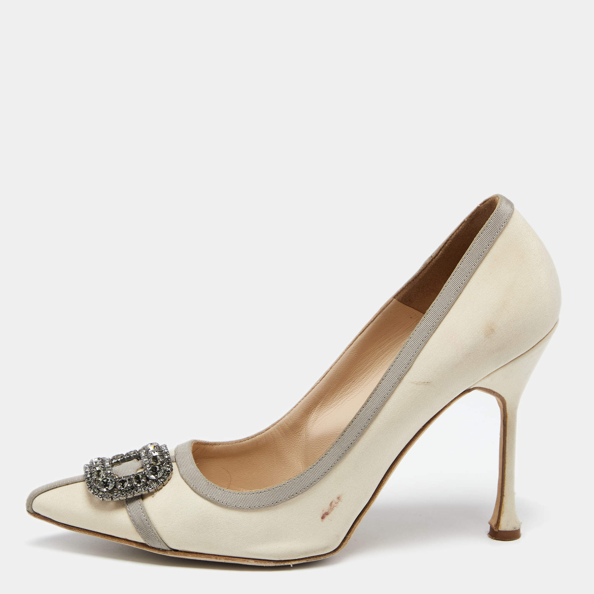 Pre Owned Manolo Blahnik Beige/Grey Satin Gotrian Pumps Size 41