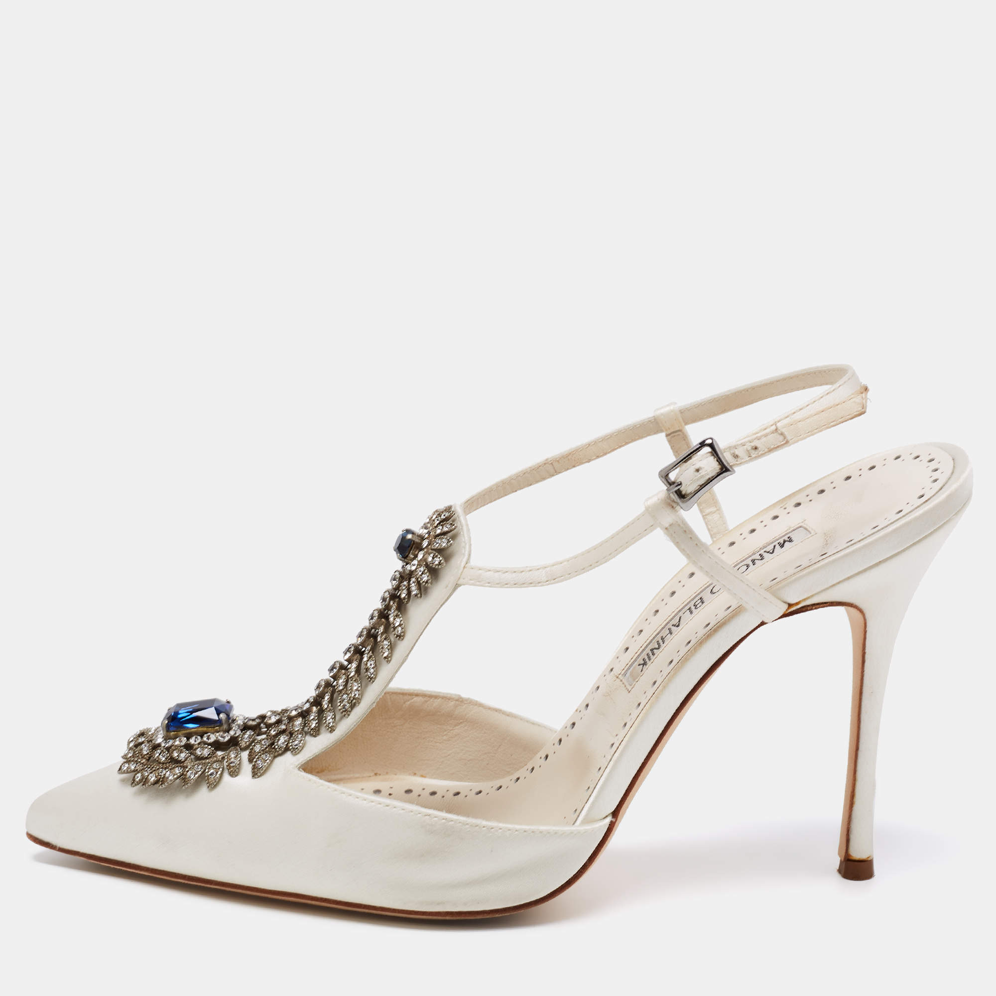 Manolo Blahnik White Satin Crystal Embellished Jamala Ankle Strap Sandals  Size 39