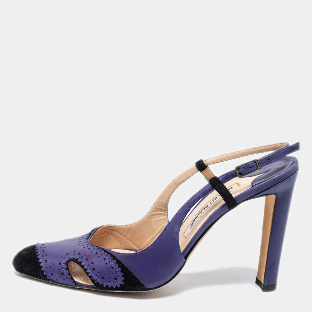 Manolo Blahnik Blue/Black  Leather And Suede Barrie Spectator Slingback Sandals Size 40