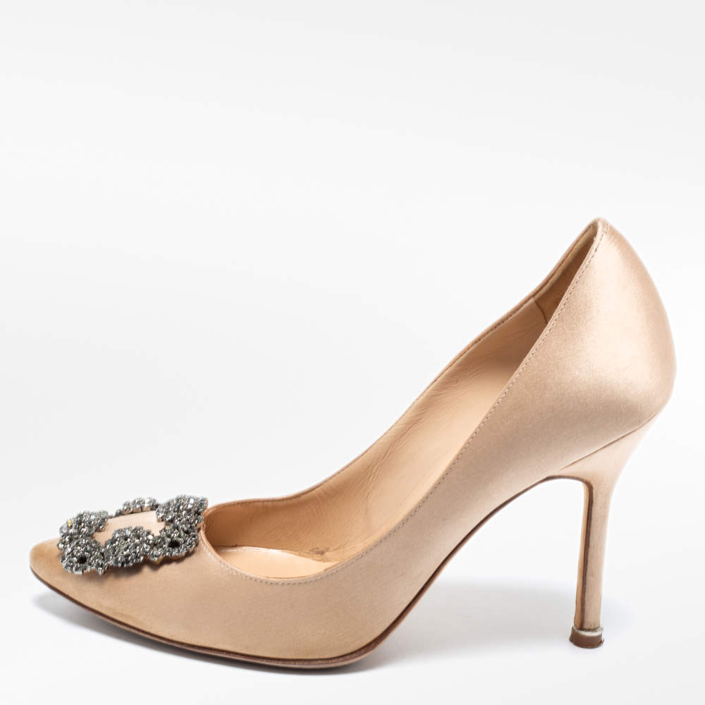Pre Owned Manolo Blahnik Brown Satin Hangisi Embellished Pointed Toe Pumps Size 36.5