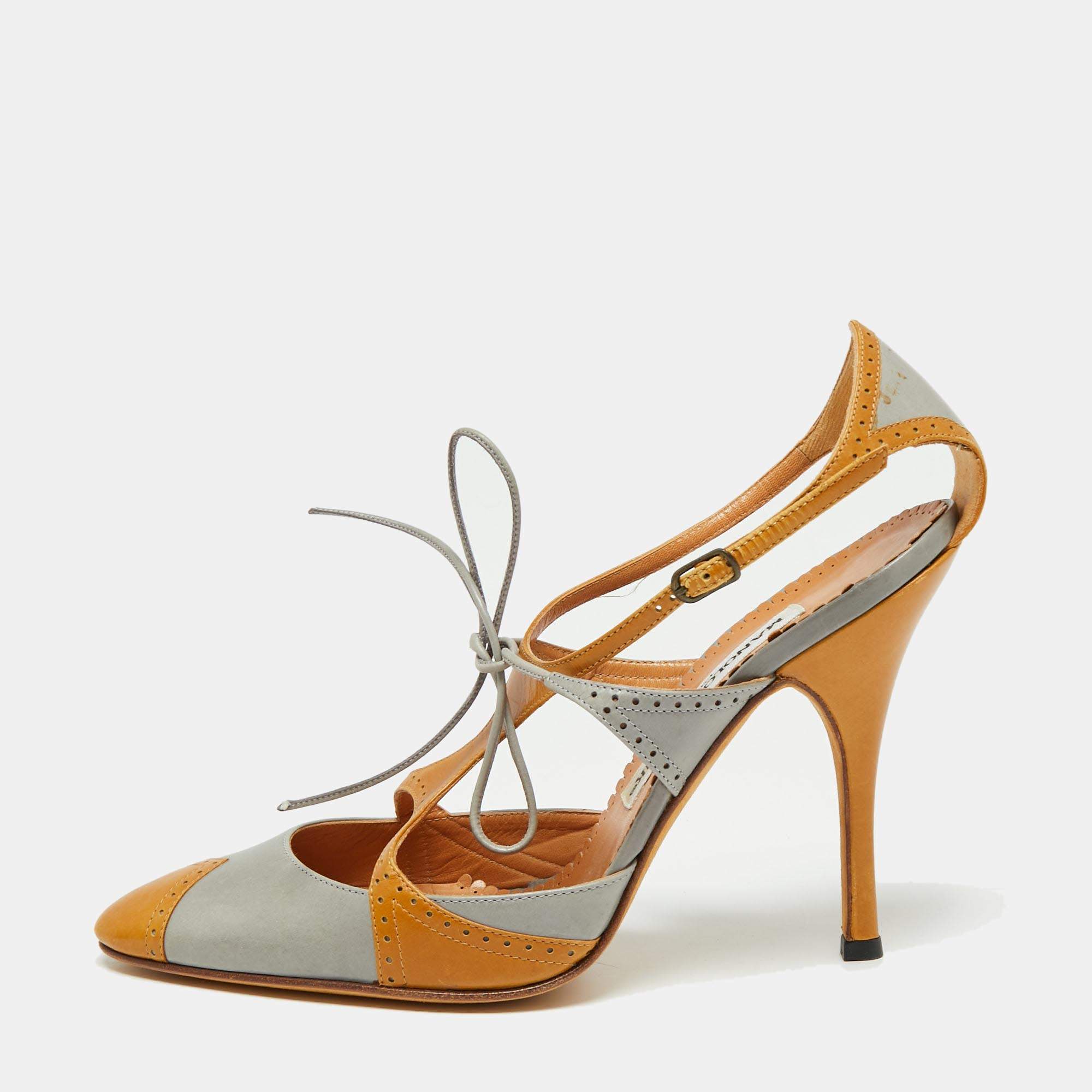 Pre Owned Manolo Blahnik Grey/Brown Leather Ankle Strap Sandals Size 38