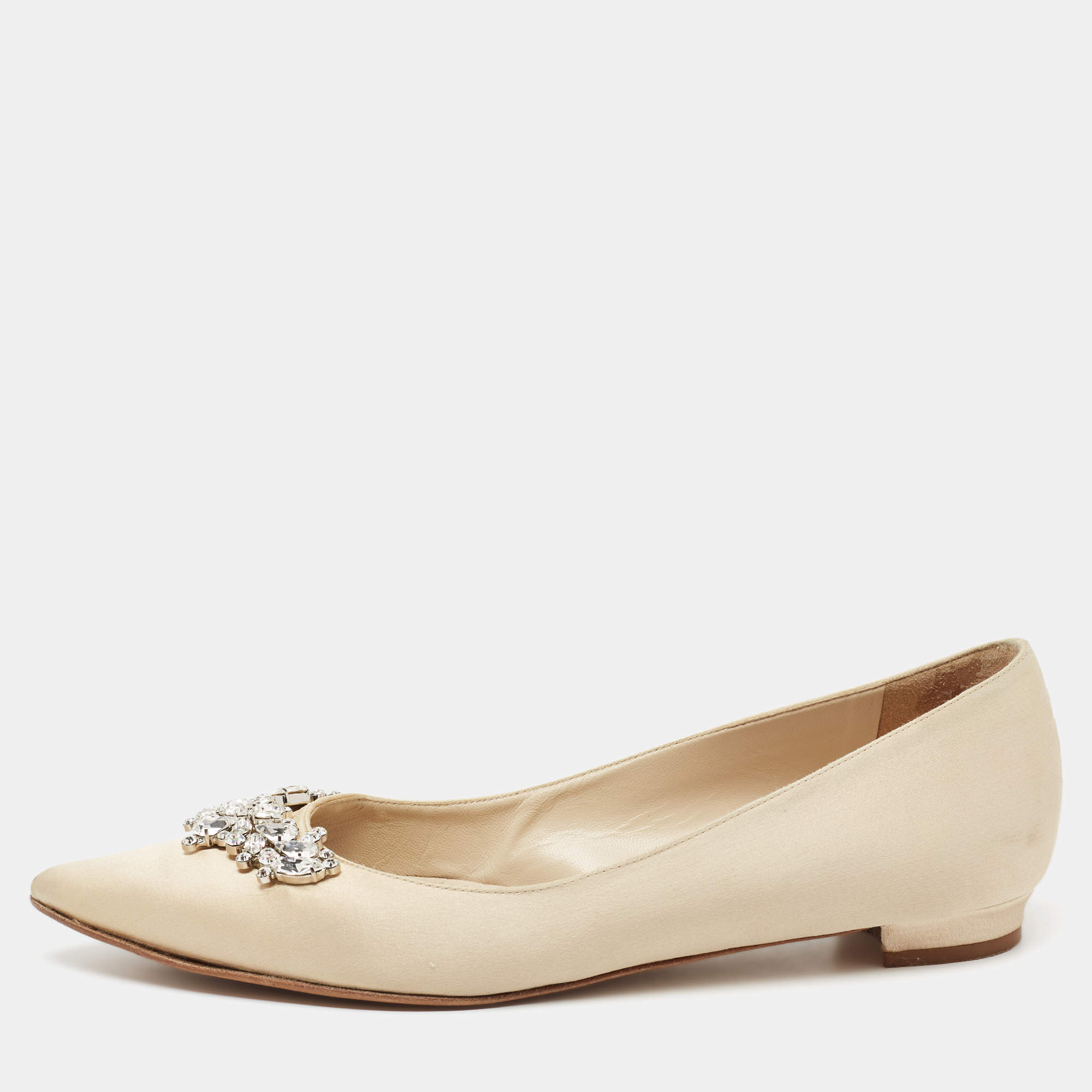Pre Owned Manolo Blahnik Beige Satin Lurum Embellished Ballet Flats Size 38.5