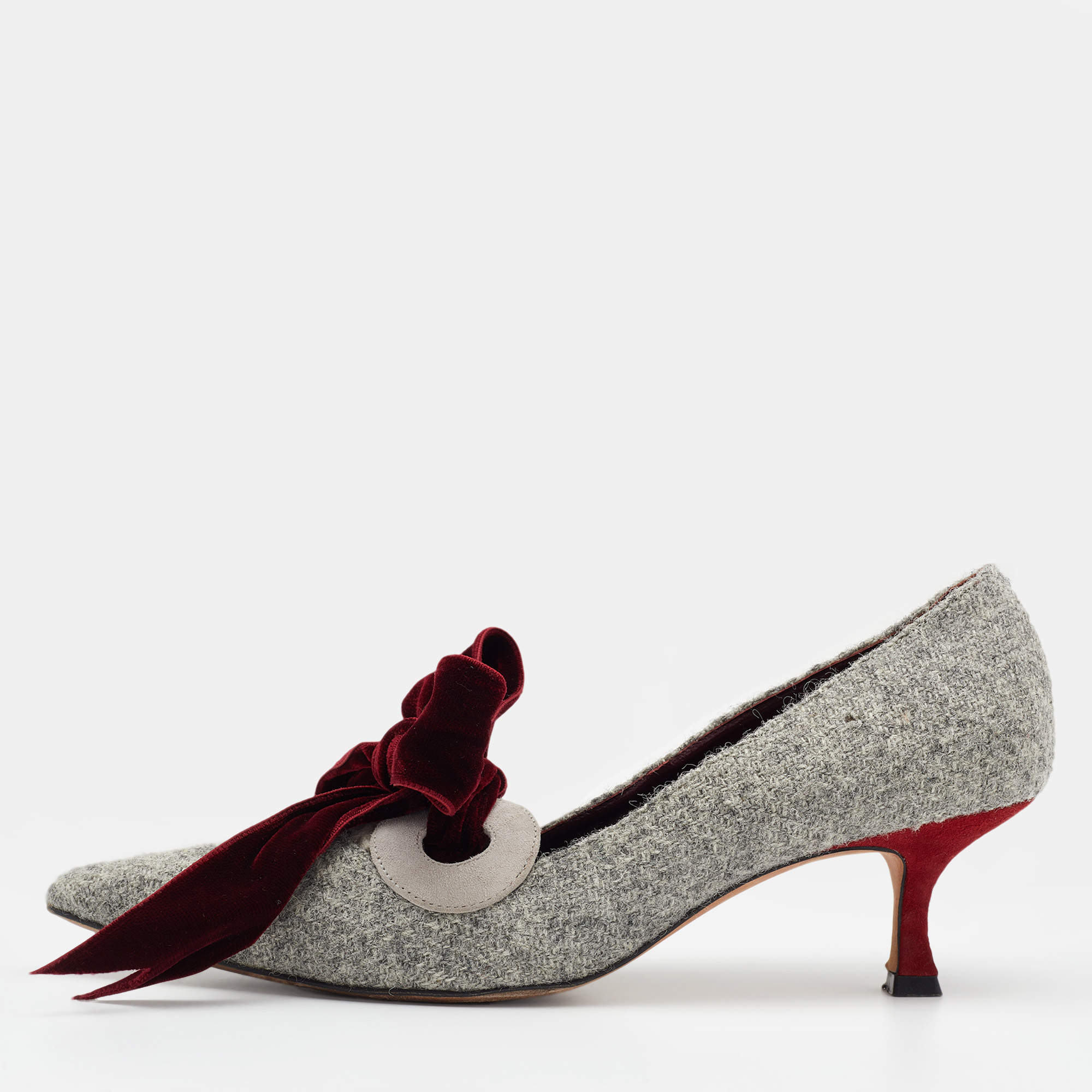 Pre Owned  Manolo Blahnik Grey/Burgundy Tweed And Velvet Bow Serba Pumps Size 39.5
