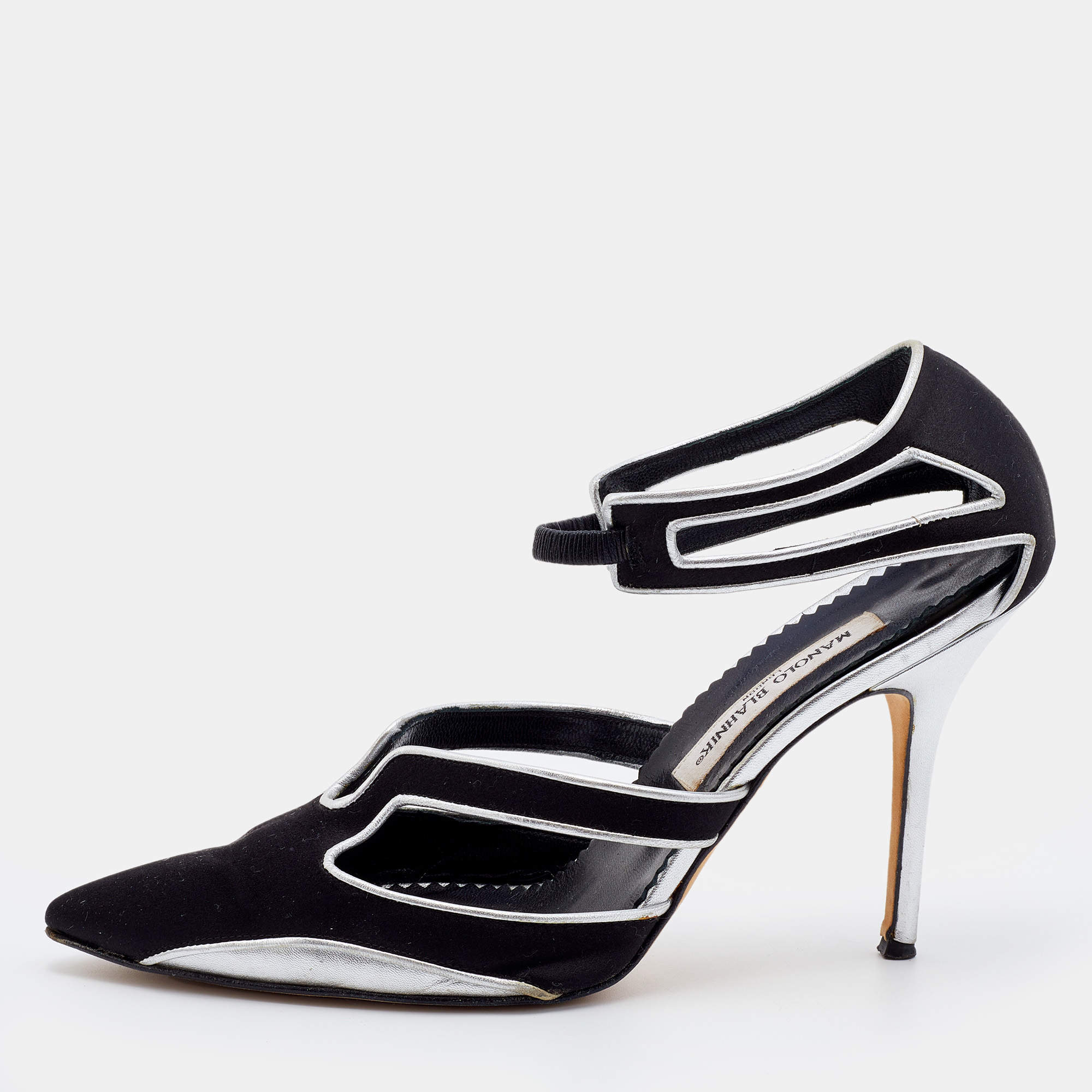 Manolo Blahnik Black/Silver Satin And Leather Cut Out Pumps Size 40.5 ...