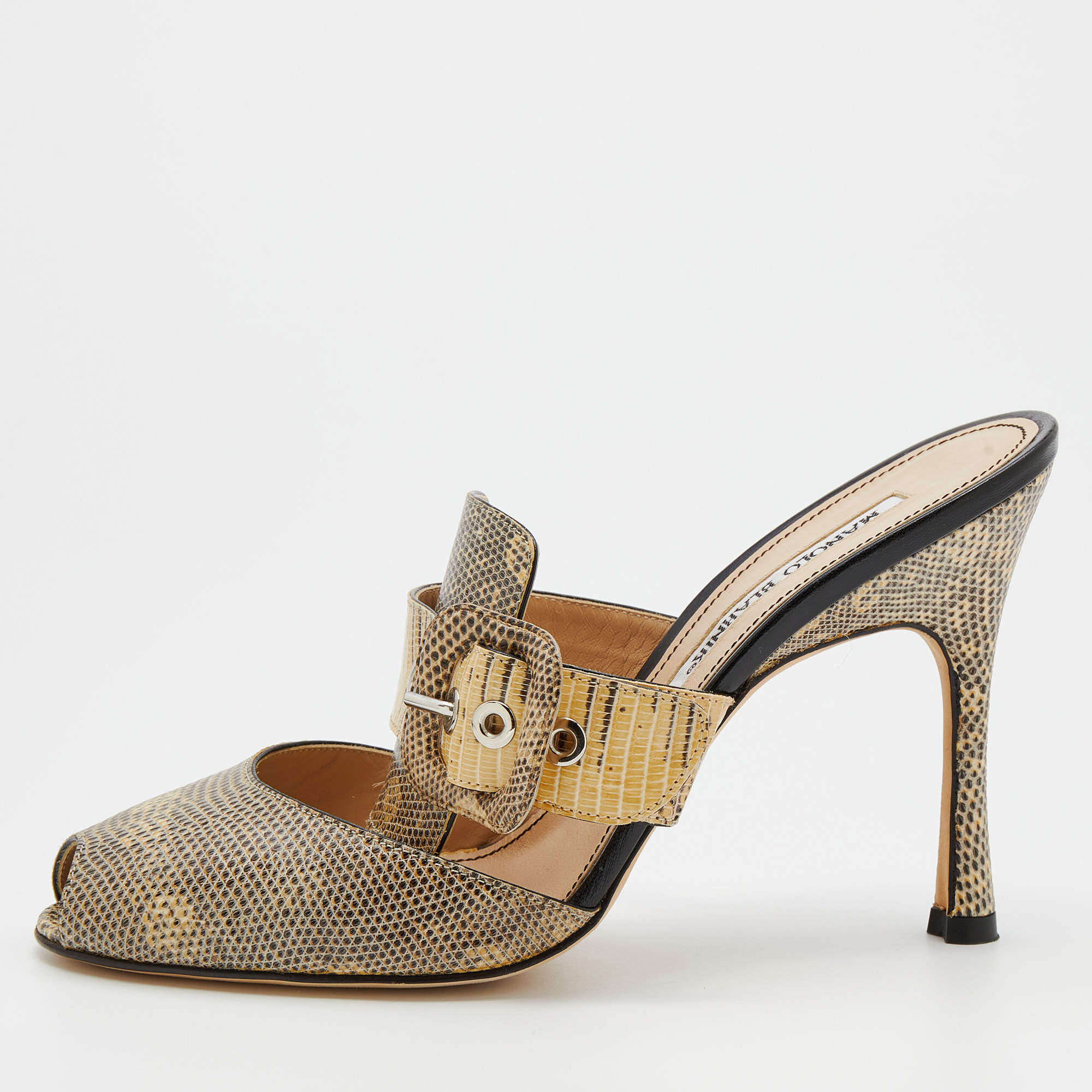 Pre Owned Manolo Blahnik Beige Lizard Buckle Slides Size 38