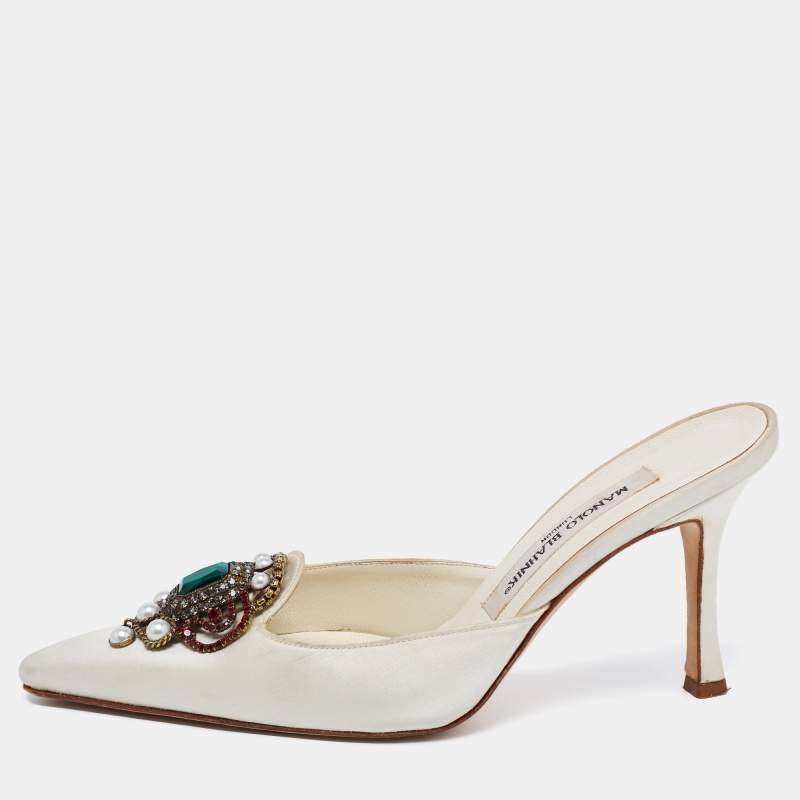 مملوكة مسبقًا حذاء مولز مالون سولييه ساتان أوف وايت مرصع يوفراسيا مقاس 36.5