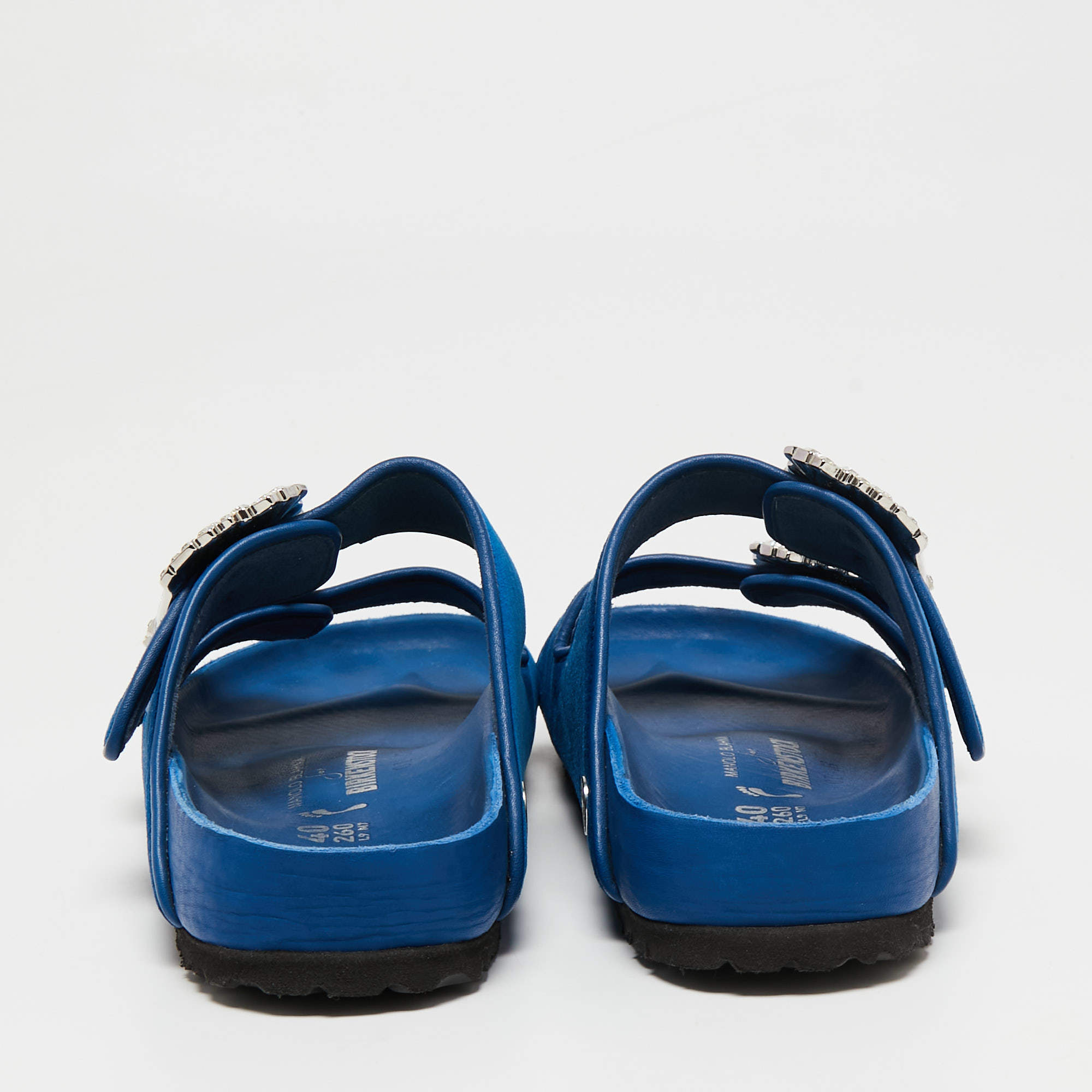 Pre Owned Birkenstock X Manolo Blahnik Blue Velvet Crystal Embellishments Slides Size 40