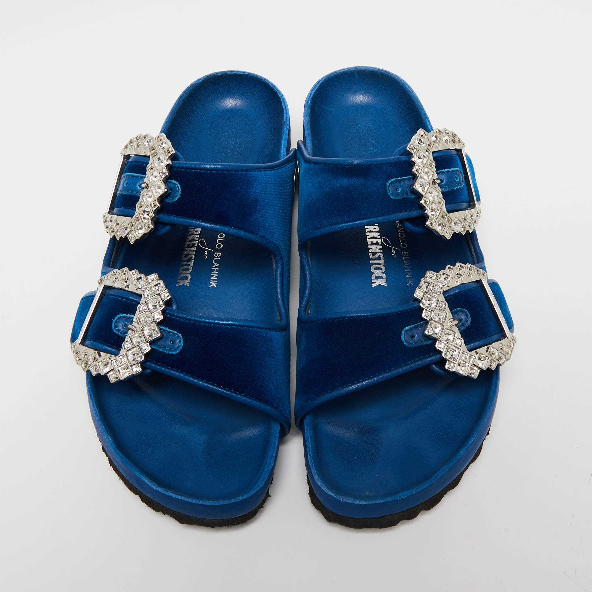 Pre Owned Birkenstock X Manolo Blahnik Blue Velvet Crystal Embellishments Slides Size 40
