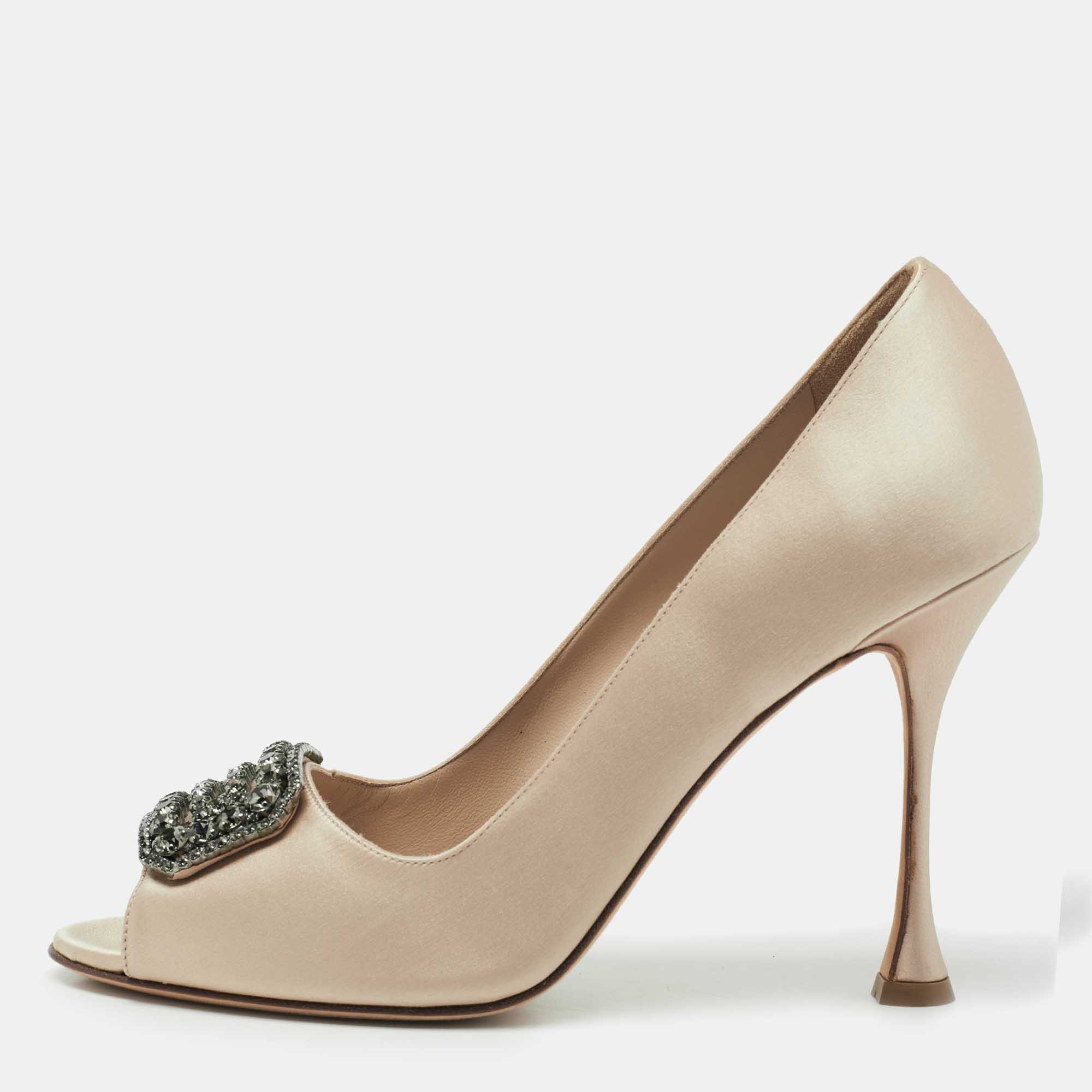 Pre Owned Manolo Blahnik Beige Satin Crystal Embellished Peep Toe Pumps Size 40