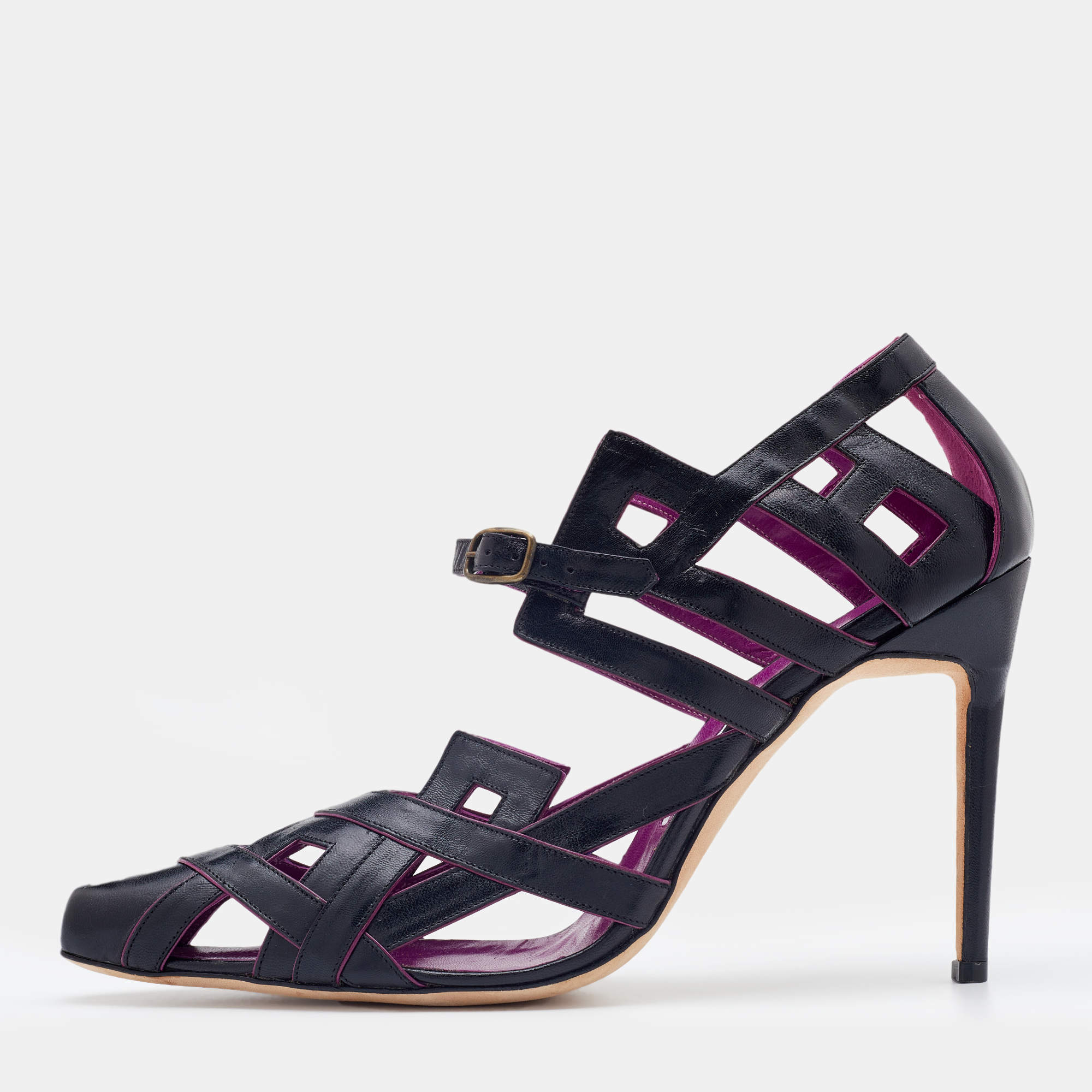 Pre Owned Manolo Blahnik Black/Purple Leather Cut Out Sandals Size 40.5