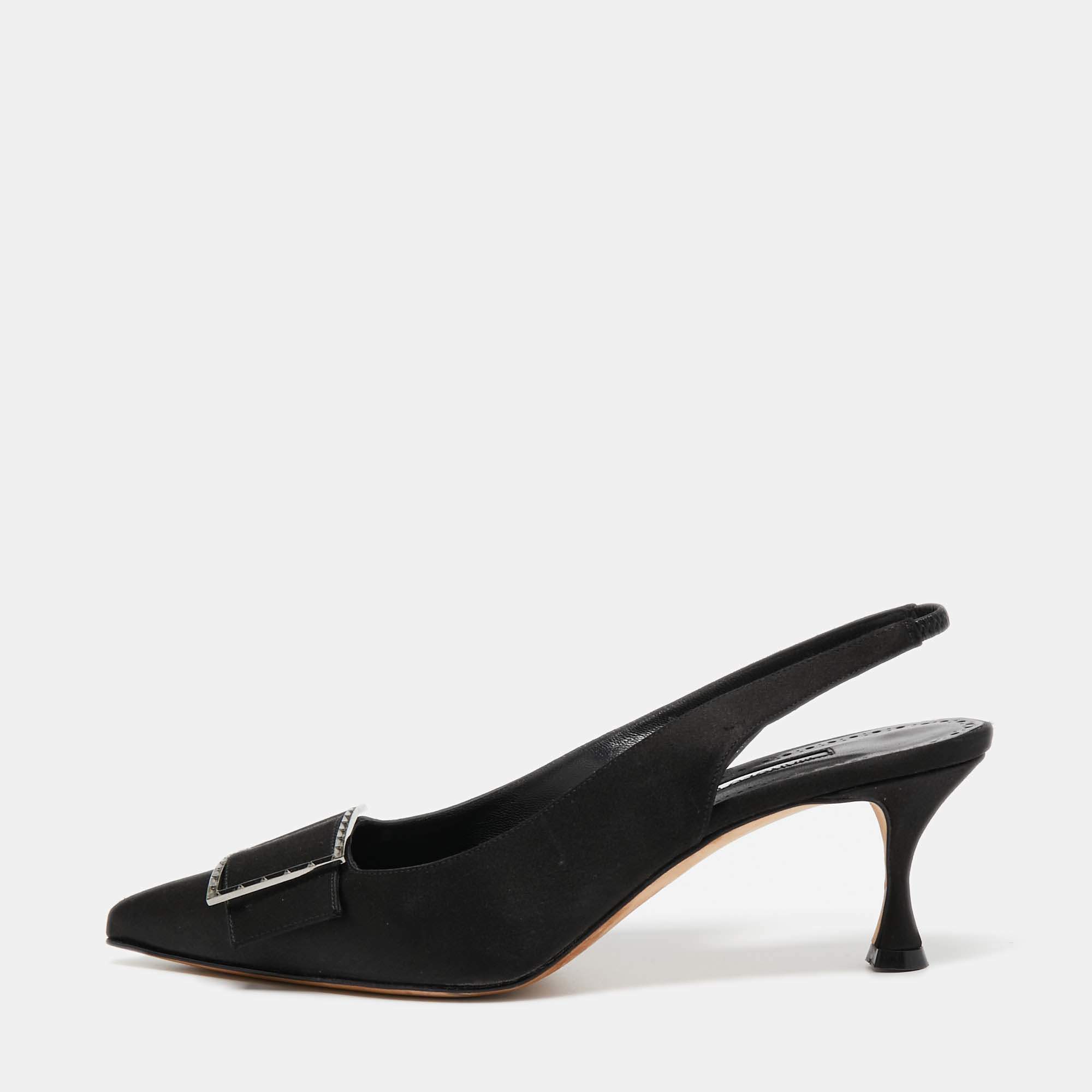مملوكة مسبقًا Manolo Blahnik Black Satin Pointed Toe Slingback Pumps Size 38