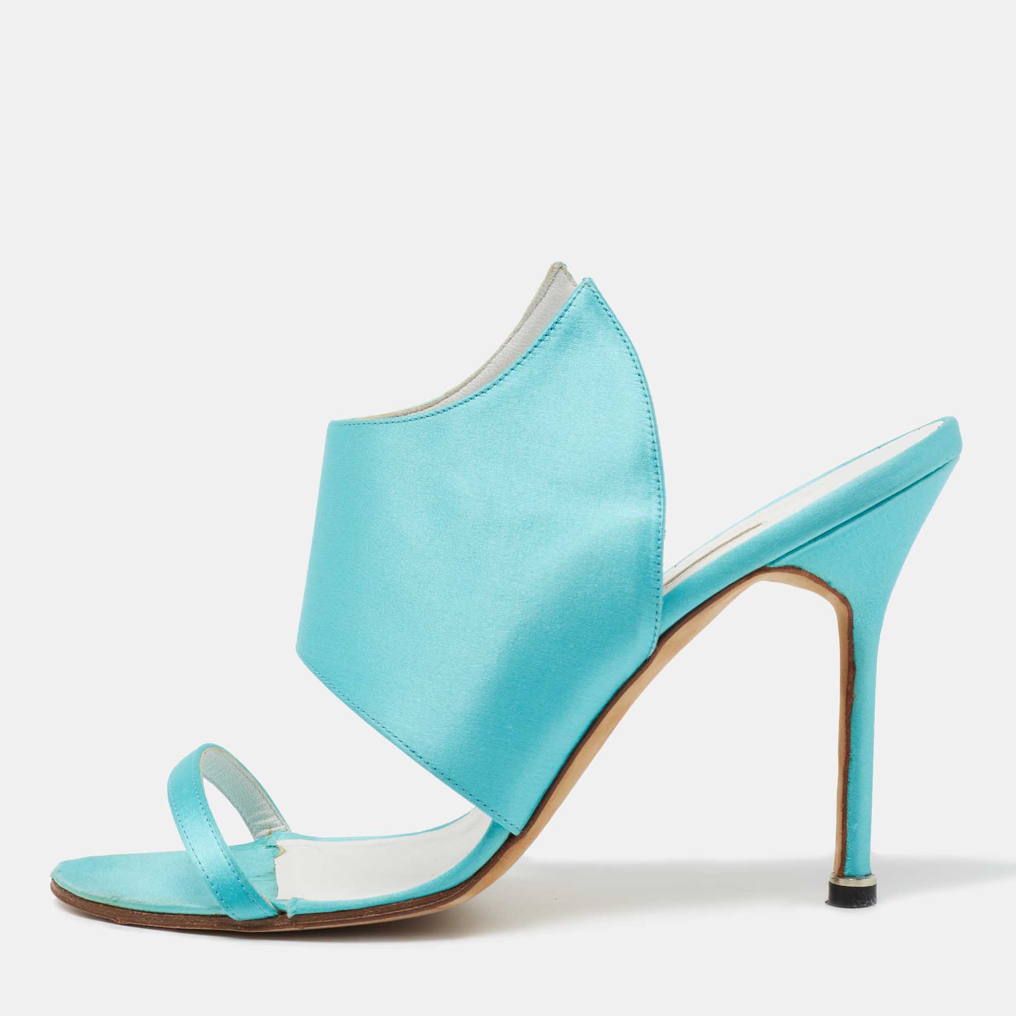 Pre Owned Manolo Blahnik Aqua Blue Satin Open Toe Sandals Size 39.5