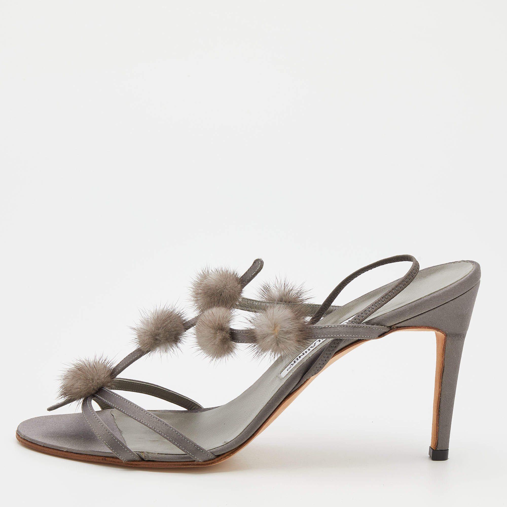 Pre Owned Manolo Blahnik Grey Satin Mink Pom-Pom Detail Strappy Slingback Sandals Size 40.5