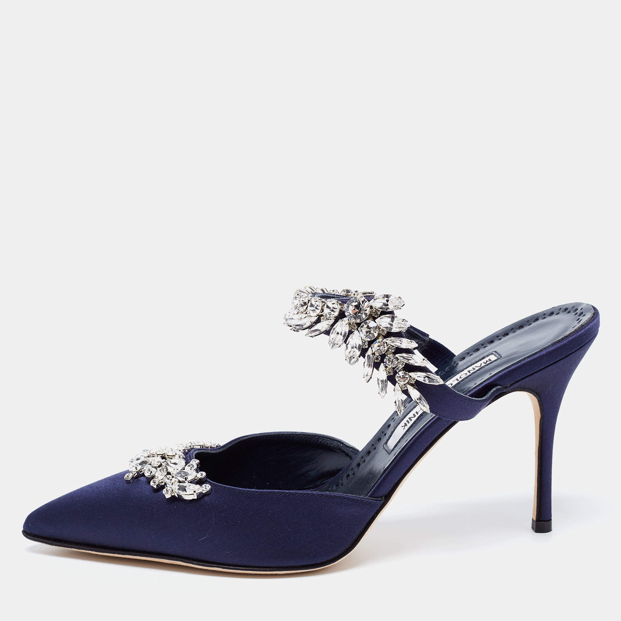 Manolo Blahnik Blue Satin Lurum Sandals Size 41