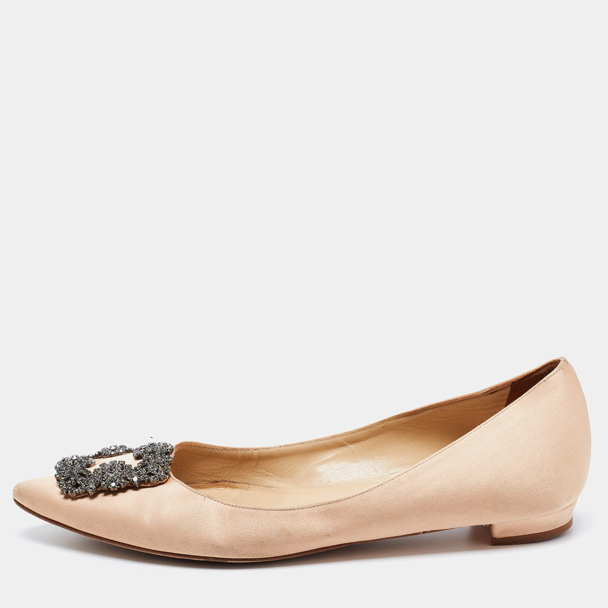 Pre Owned Manolo Blahnik Beige Satin Hangisi Flats Ballet Size 37.5