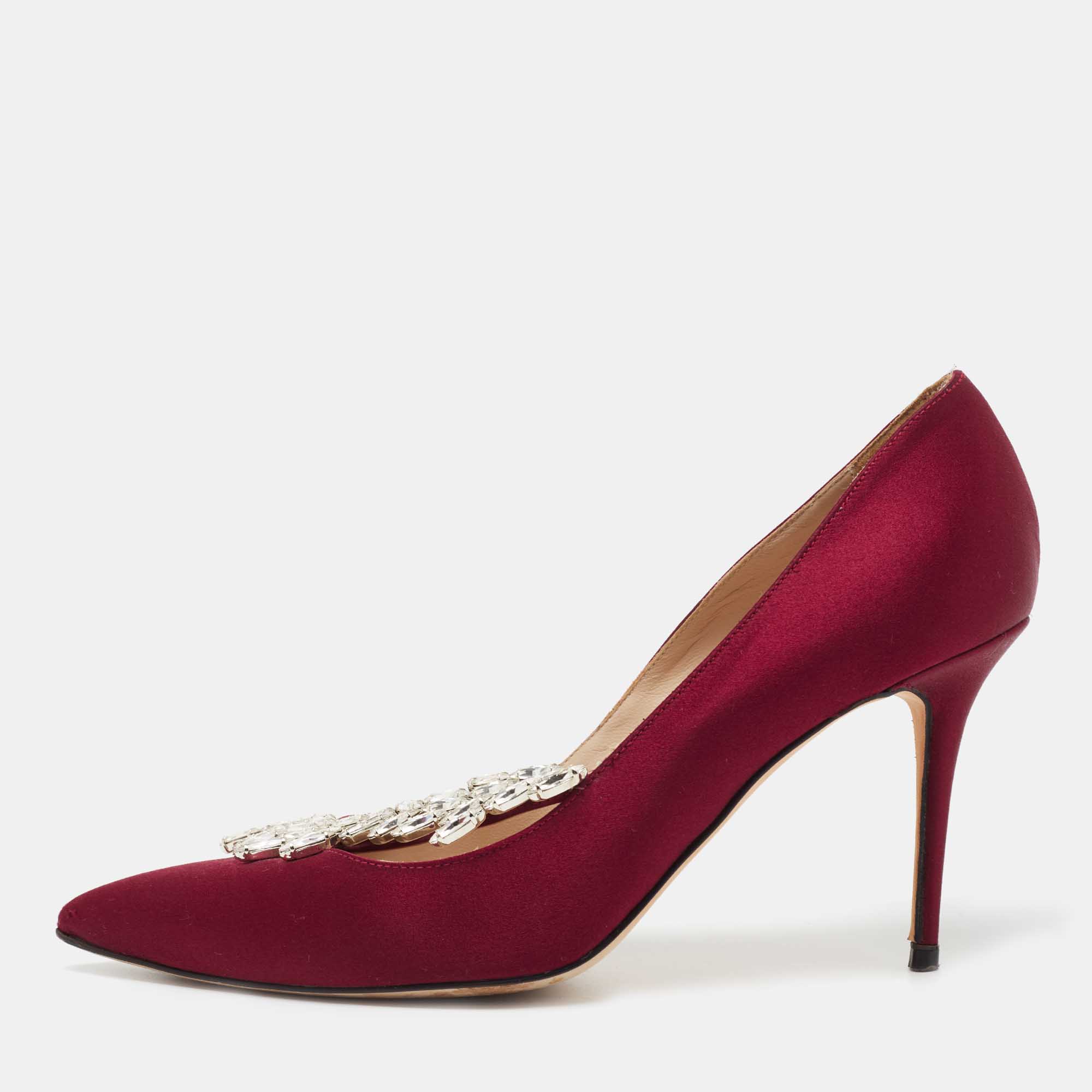 Pre Owned Manolo Blahnik Burgundy Satin Nadira Pumps Size 37.5