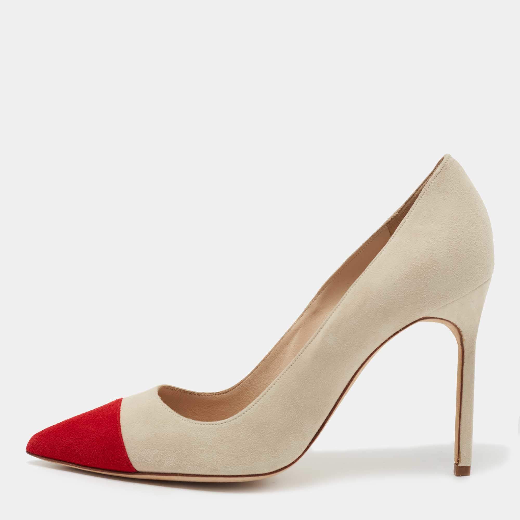 Pre Owned Manolo Blahnik Beige/Red Suede Bipunta Pointed Toe Pumps Size 38