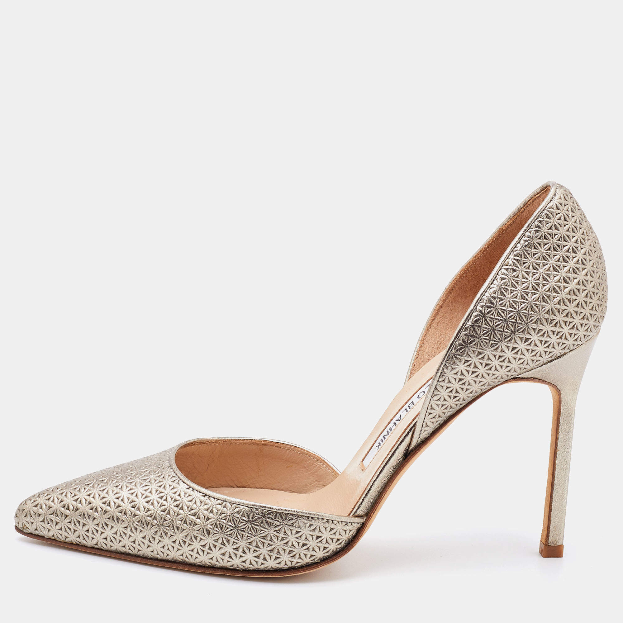 Manolo Blahnik  Metallic Gold Embossed Leather Tayler Pointed Toe D'orsay Pumps Size 36.5