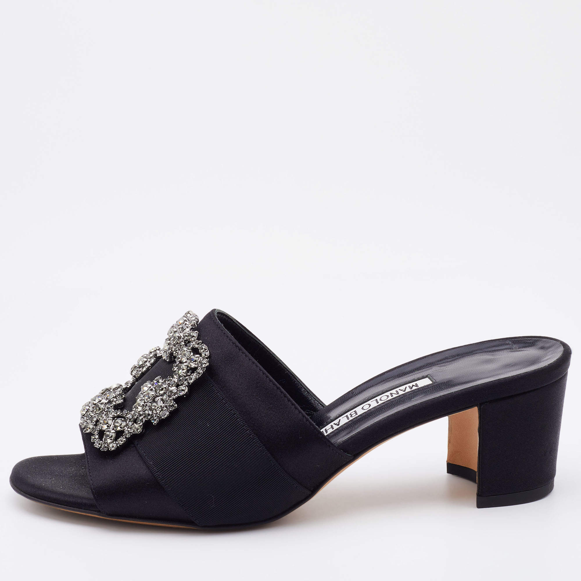 Manolo Blahnik Black Satin Martamod Crystal Embellished Mules Size 37