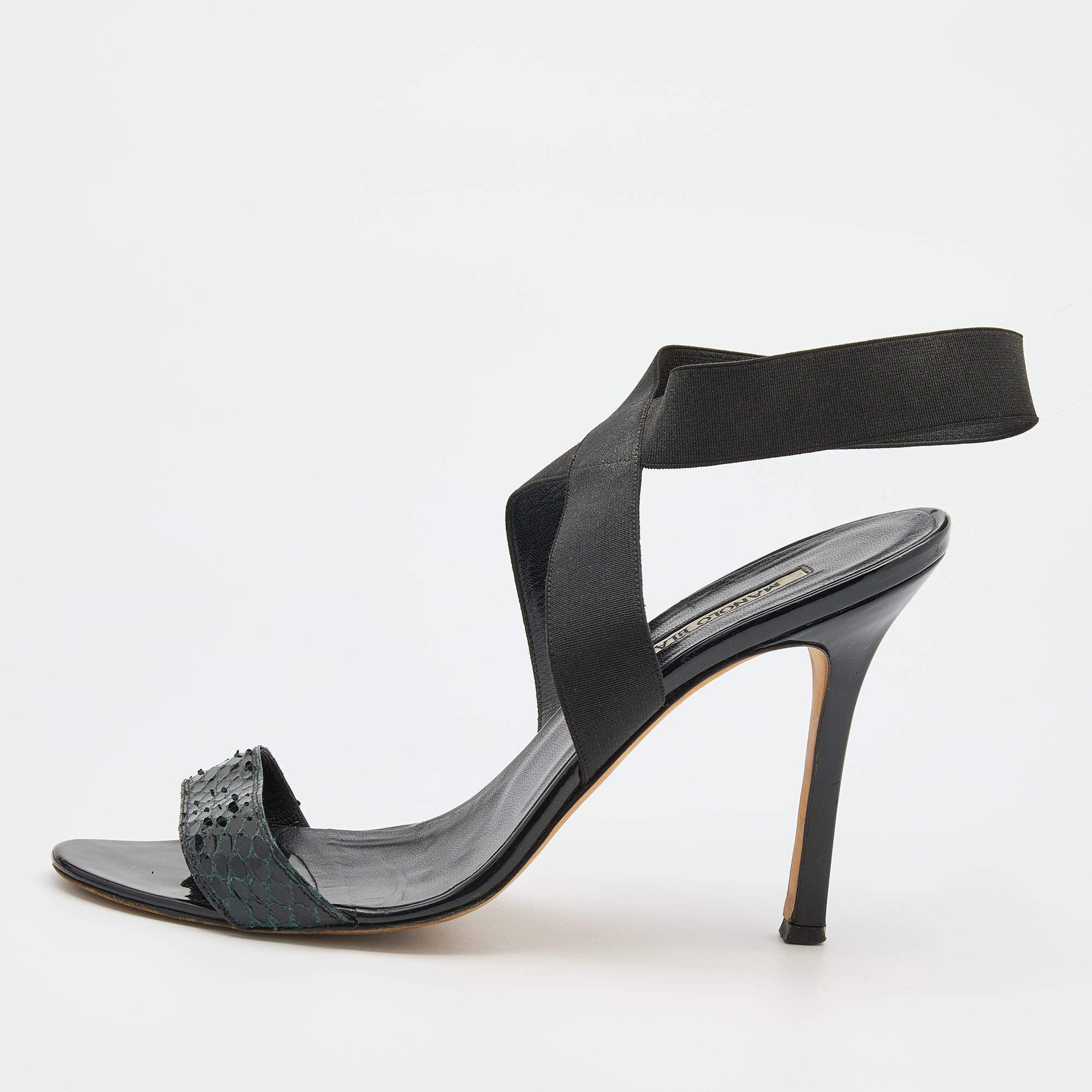 Pre Owned Manolo Blahnik Black Snakeskin and Elastic Ankle Strap Sandals Size 38.5