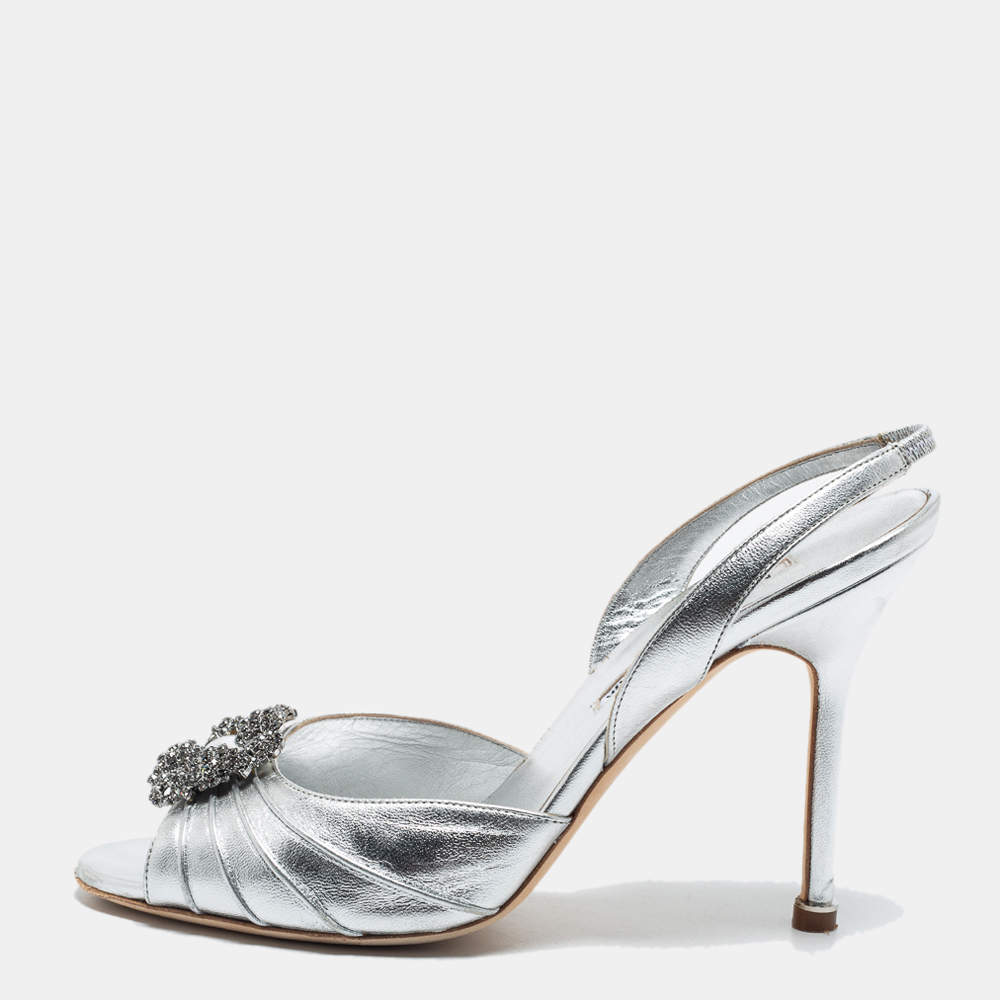 Pre Owned Manolo Blahnik Silver Leather Cassia Slingback Sandals Size 38