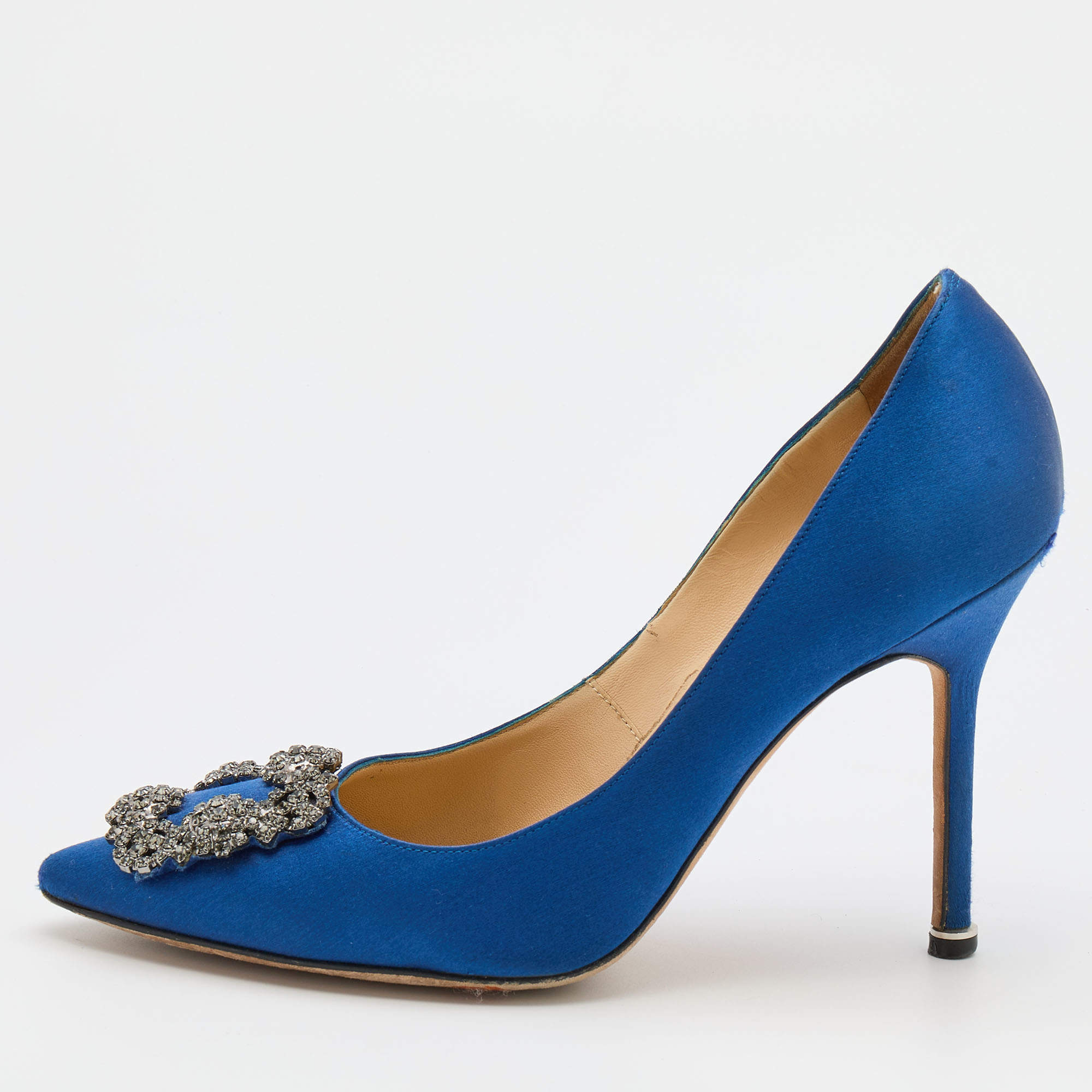 Pre Owned Manolo Blahnik Blue Satin Hangisi Pumps Size 38