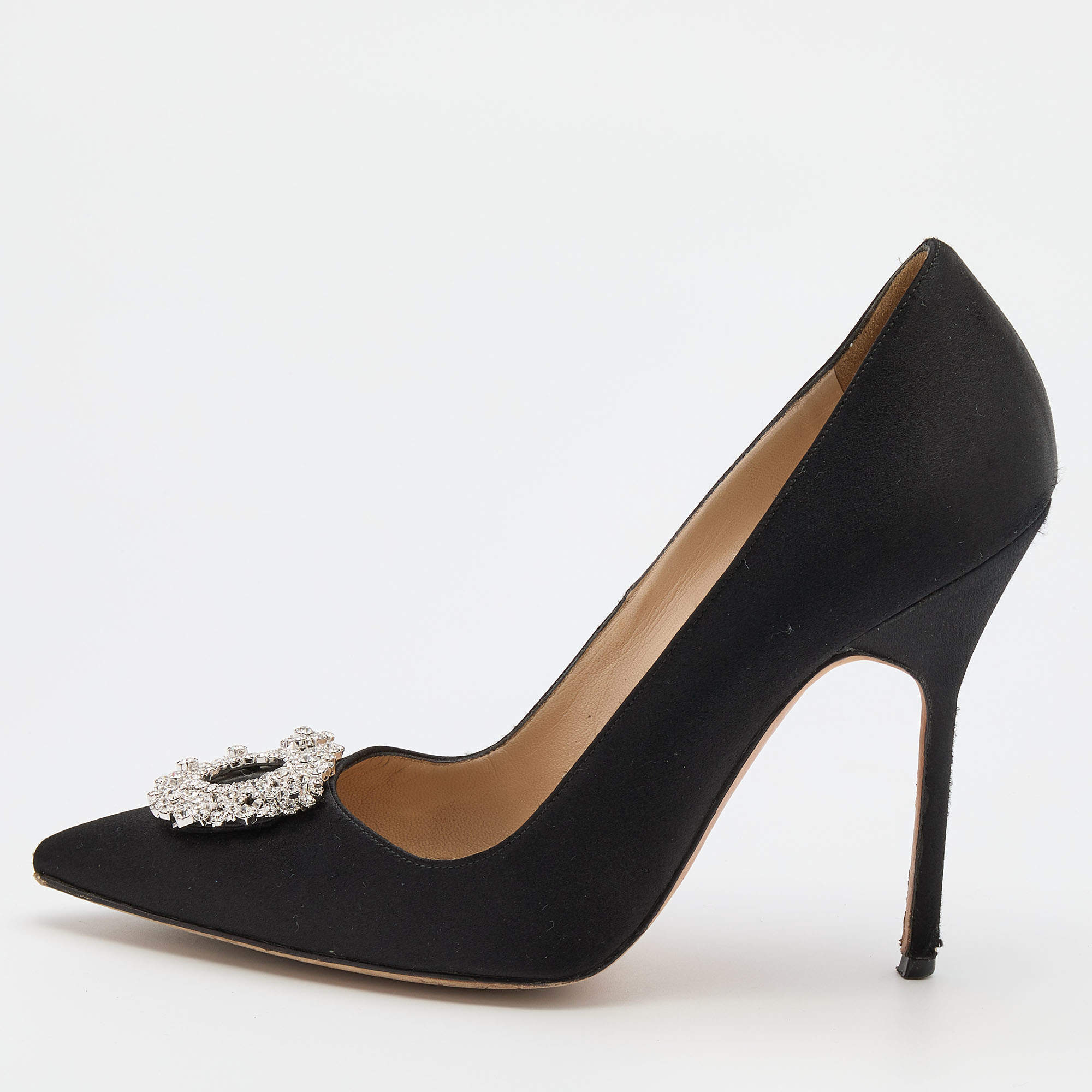 Manolo Blahnik Black Satin Crystal Embellished Pumps Size 37.5