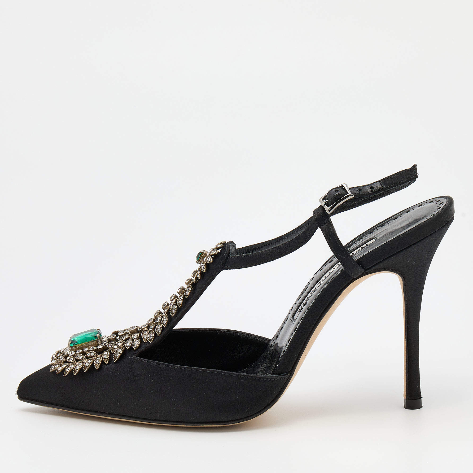 Pre Owned Manolo Blahnik Black Satin Crystal Embellished Jamala Pumps Size 37