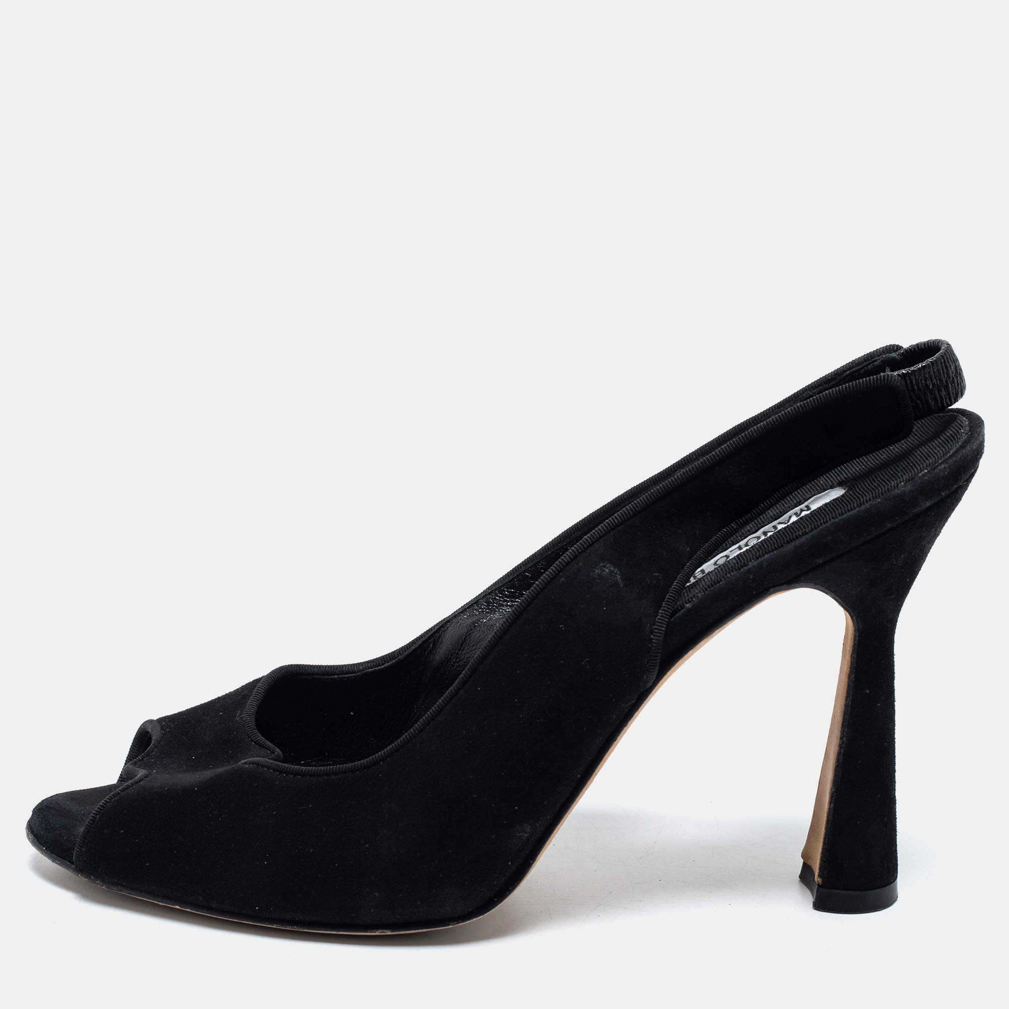 Pre Owned Manolo Blahnik Black Suede Slingback Peep Toe Pumps Size 37