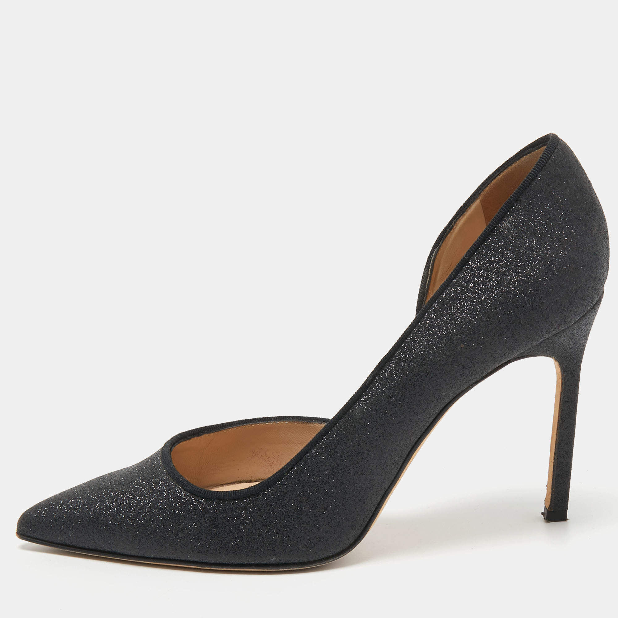 Pre Owned Manolo Blahnik Black Glitter Stresty D'orsay Pointed Toe Pumps Size 38