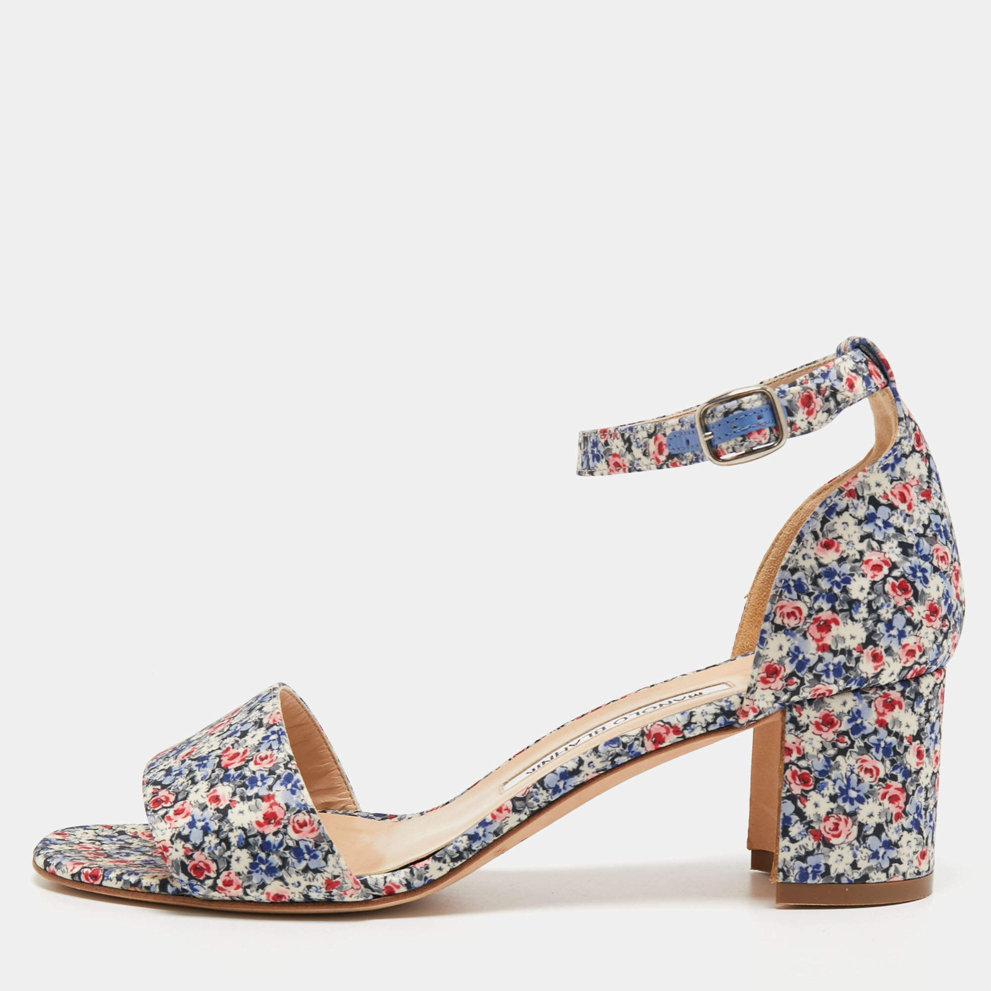 Manolo Blahnik Multicolor Floral Fabric Laura Ankle Strap Sandals Size 38