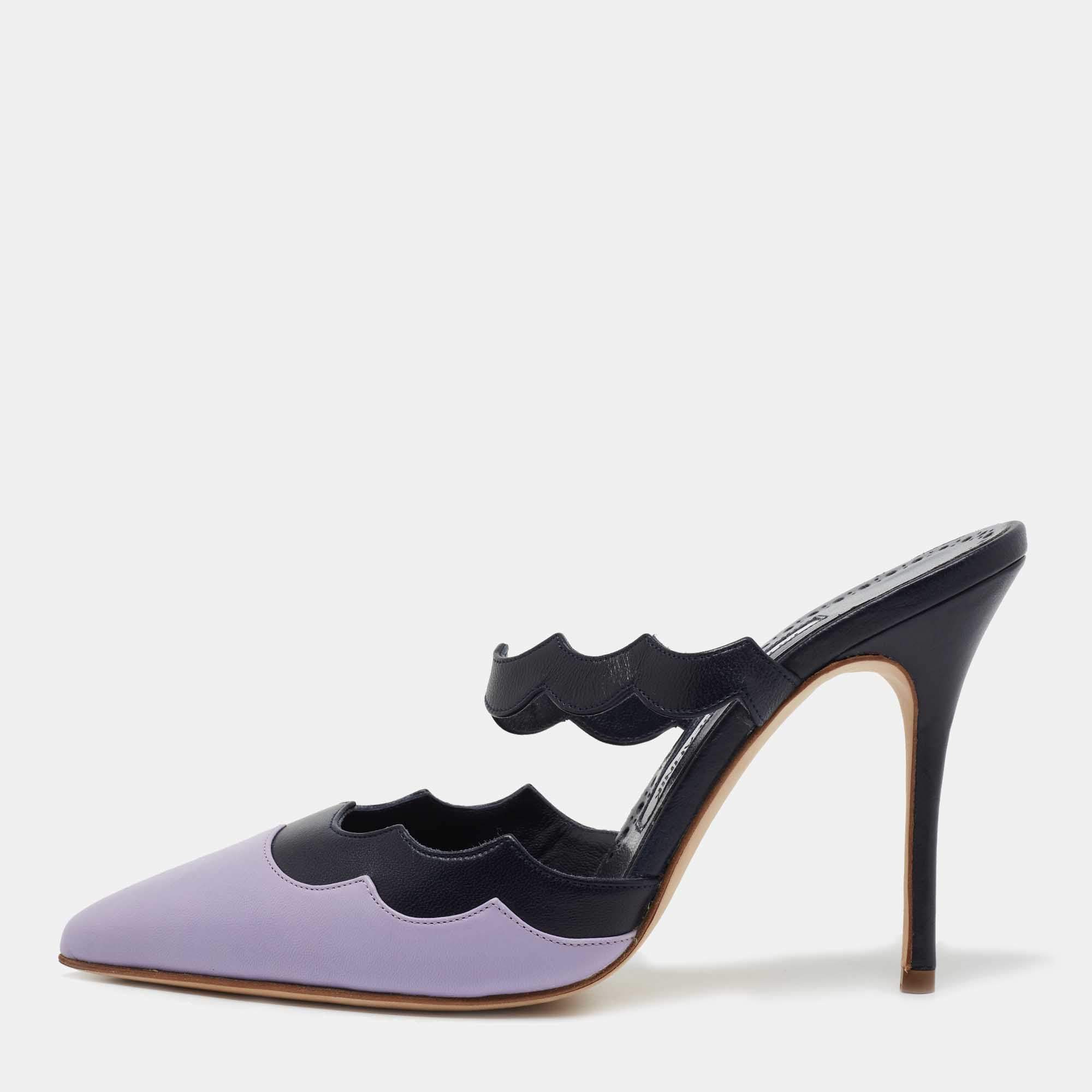 Pre Owned Manolo Blahnik Navy Blue/Purple Scalloped Leather Gimenta Mules Size 37