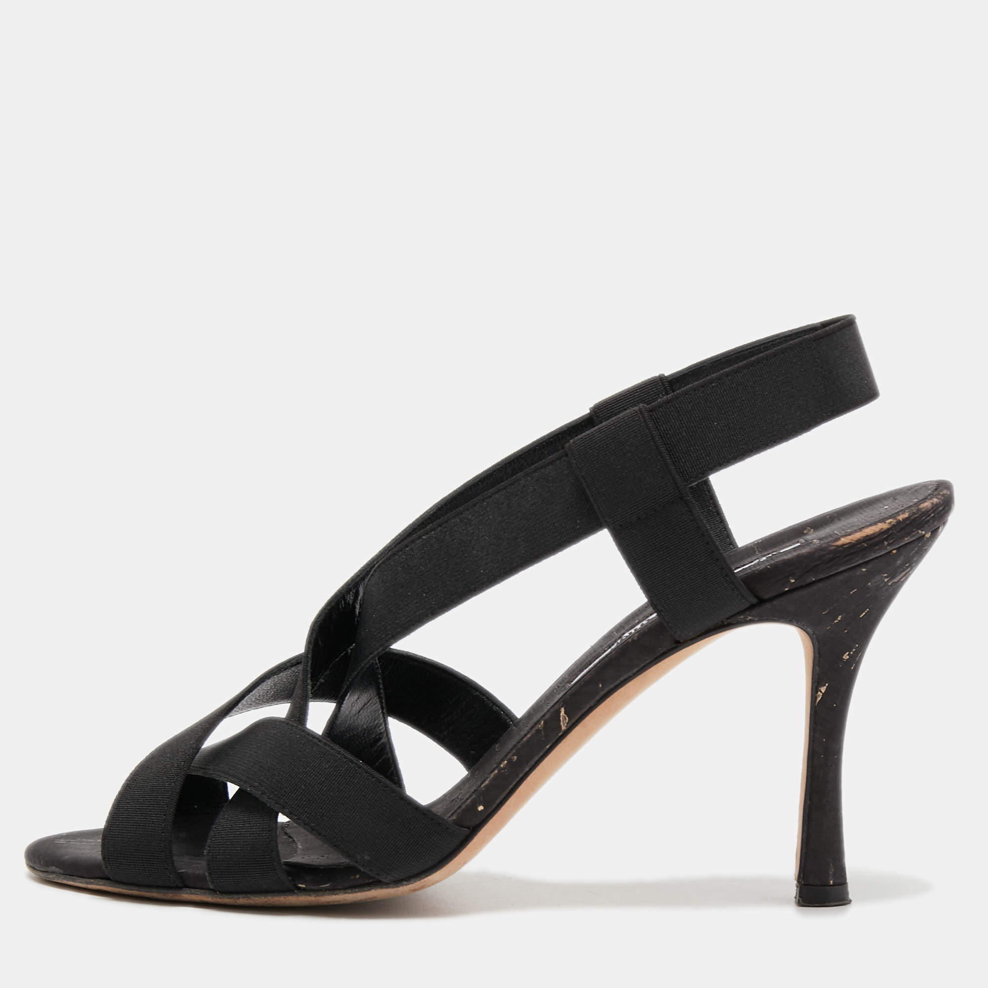 مملوكة مسبقًا Manolo Blahnik Black Fabric Lasti Cork Strappy Sandals Size 38.5
