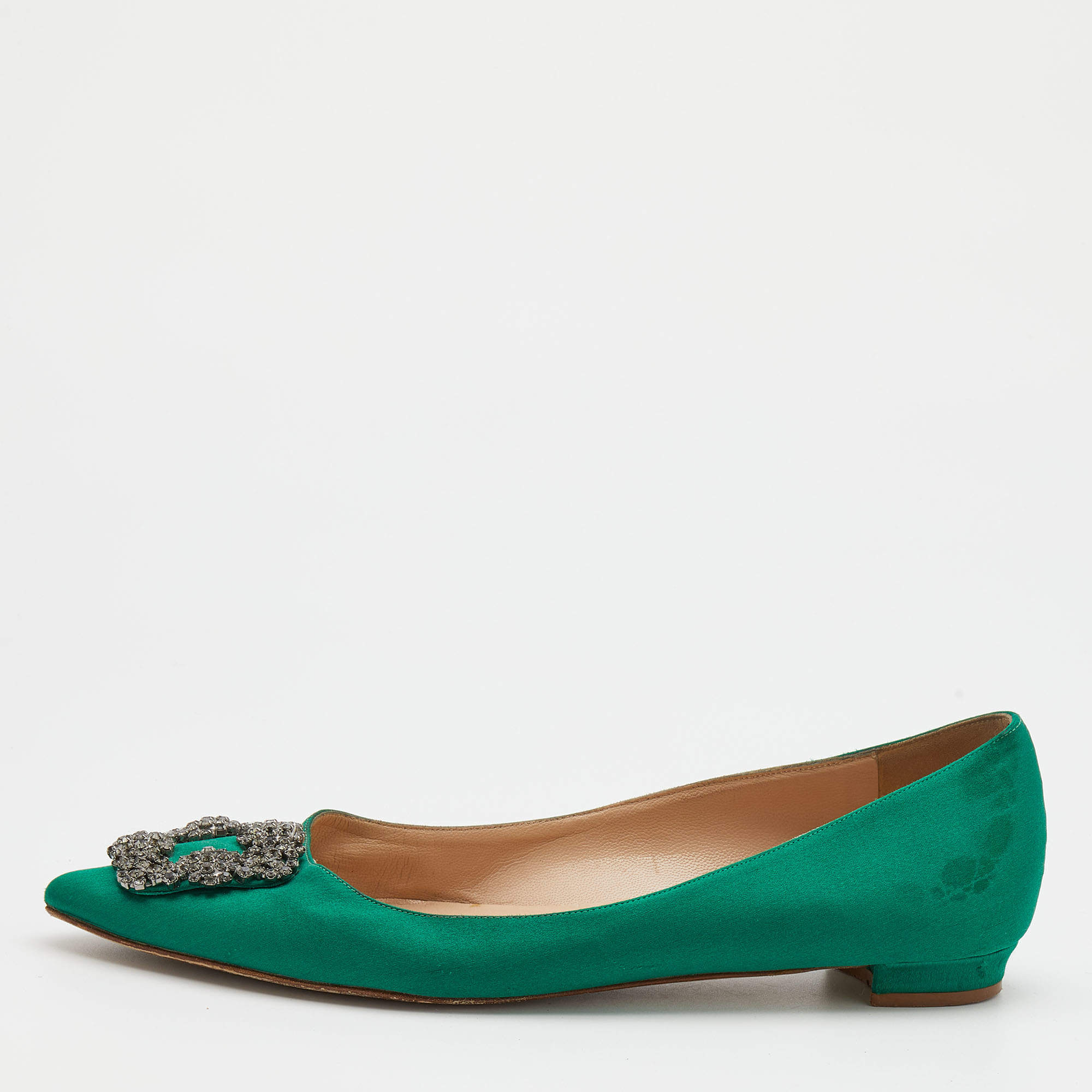 Pre Owned Manolo Blahnik Green Satin Hangisi Ballet Flats Size 39.5